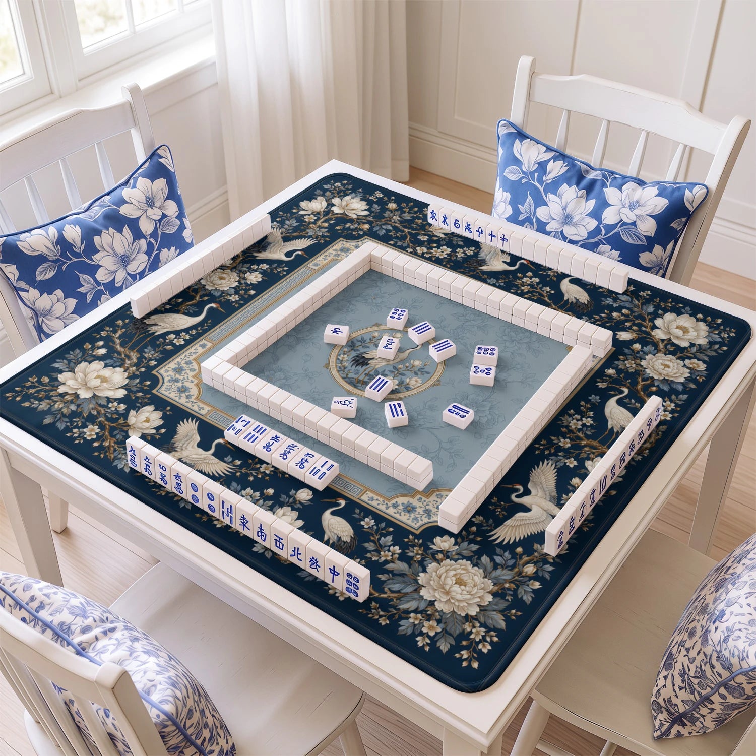 Blue Crane mahjong mat with tiles and racks on the table