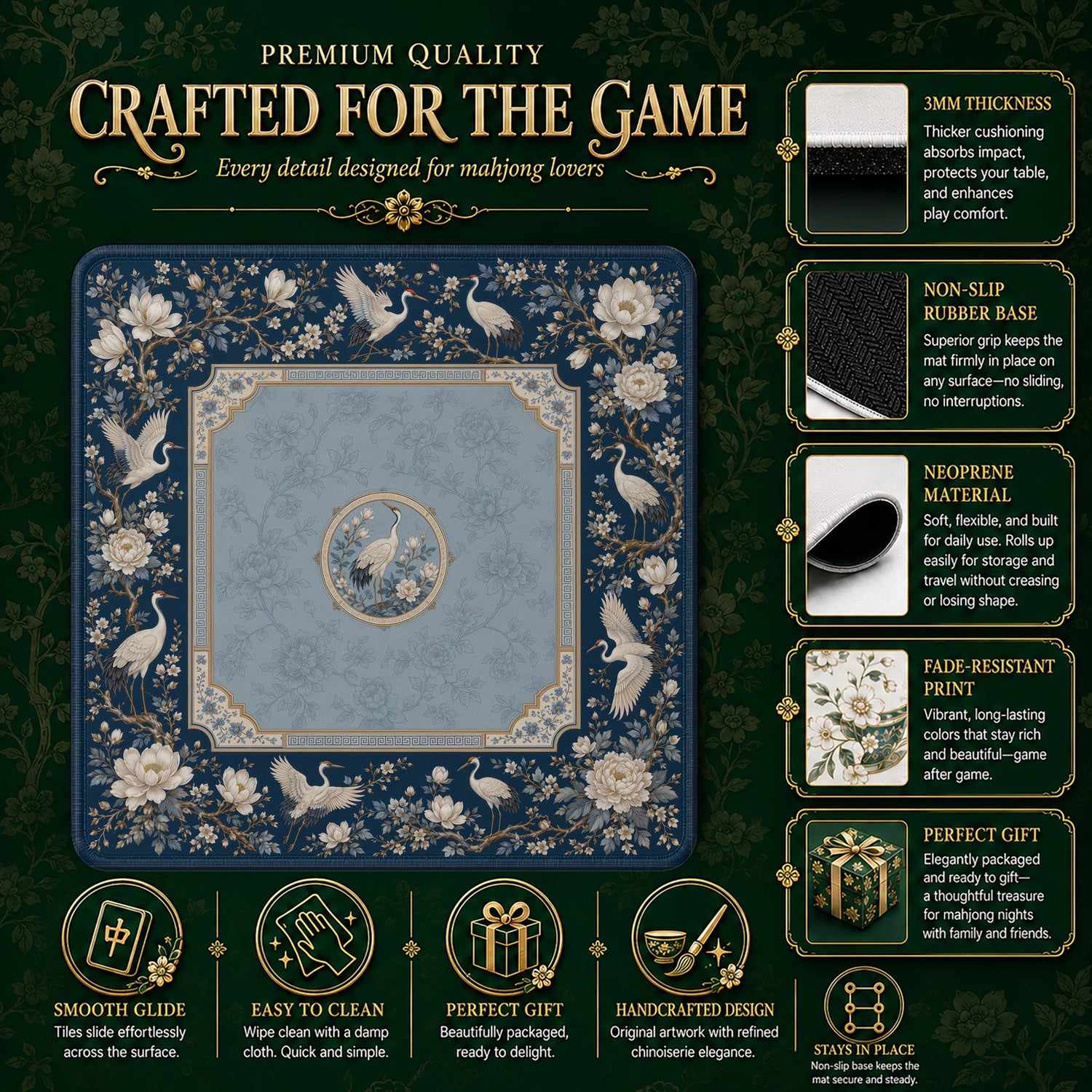 Blue Crane Mahjong Mat – neoprene mah jongg table mat