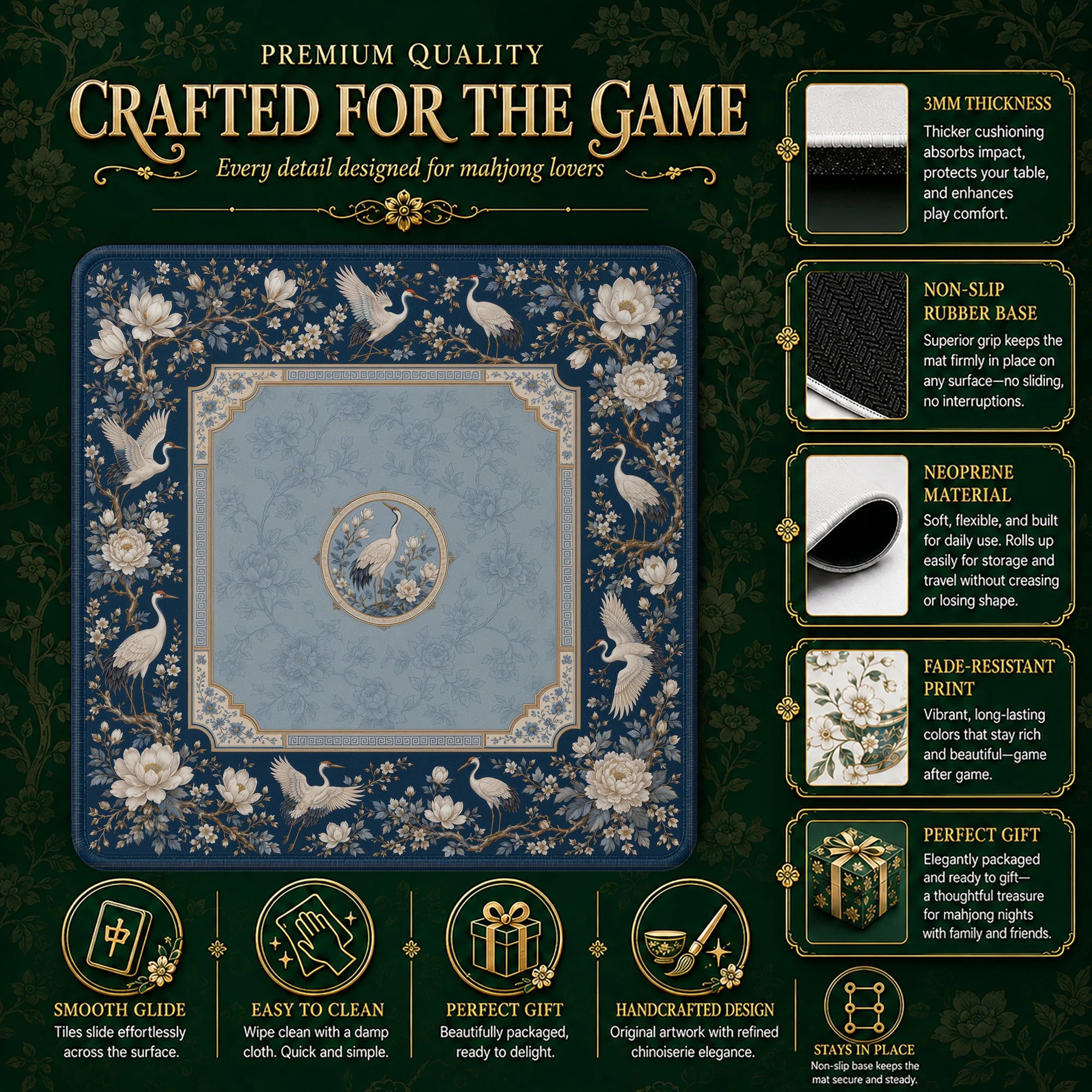 Blue Crane Mahjong Mat – neoprene mah jongg table mat