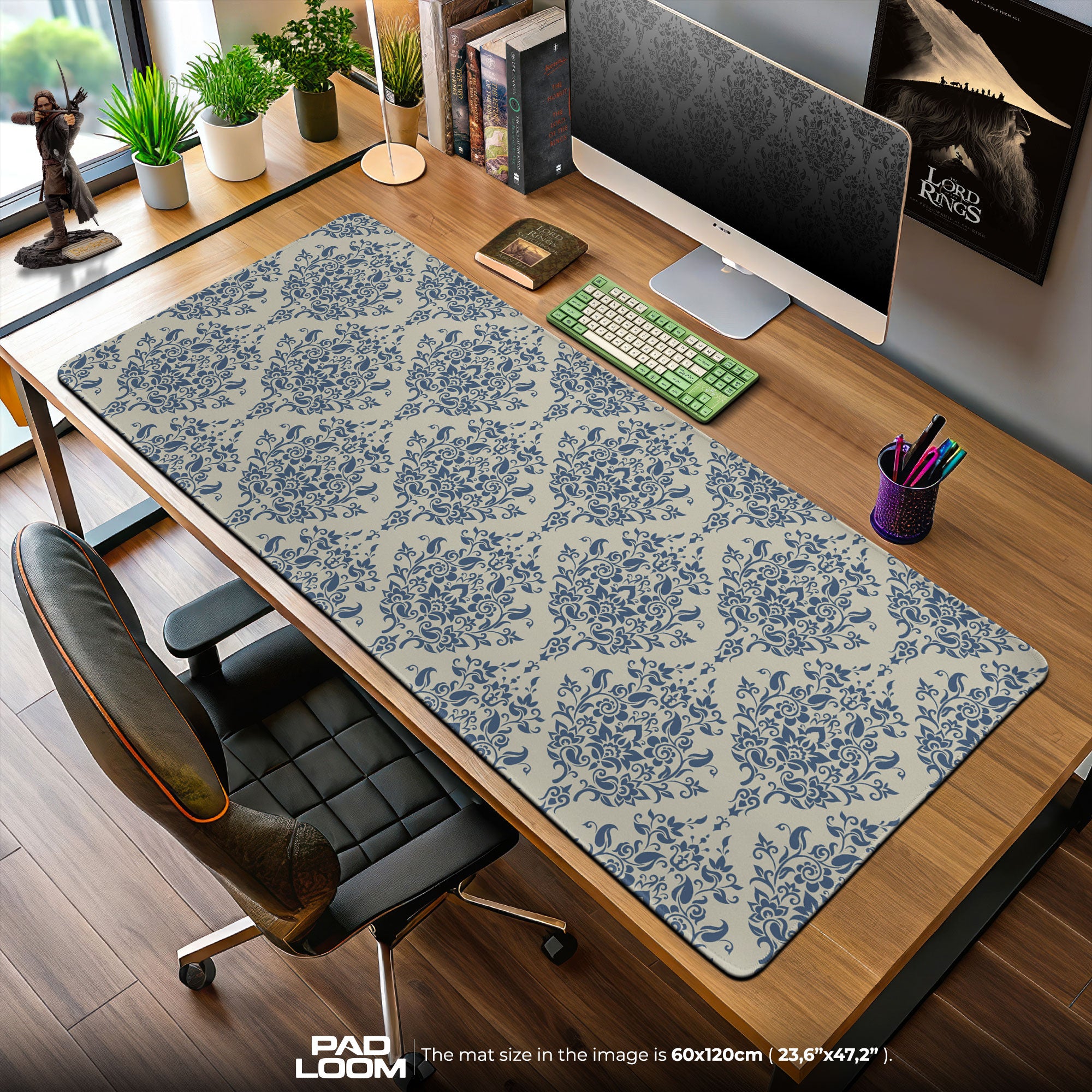 Blue Damask Mouse Pad, Classic Baroque Floral Gaming Desk Mat