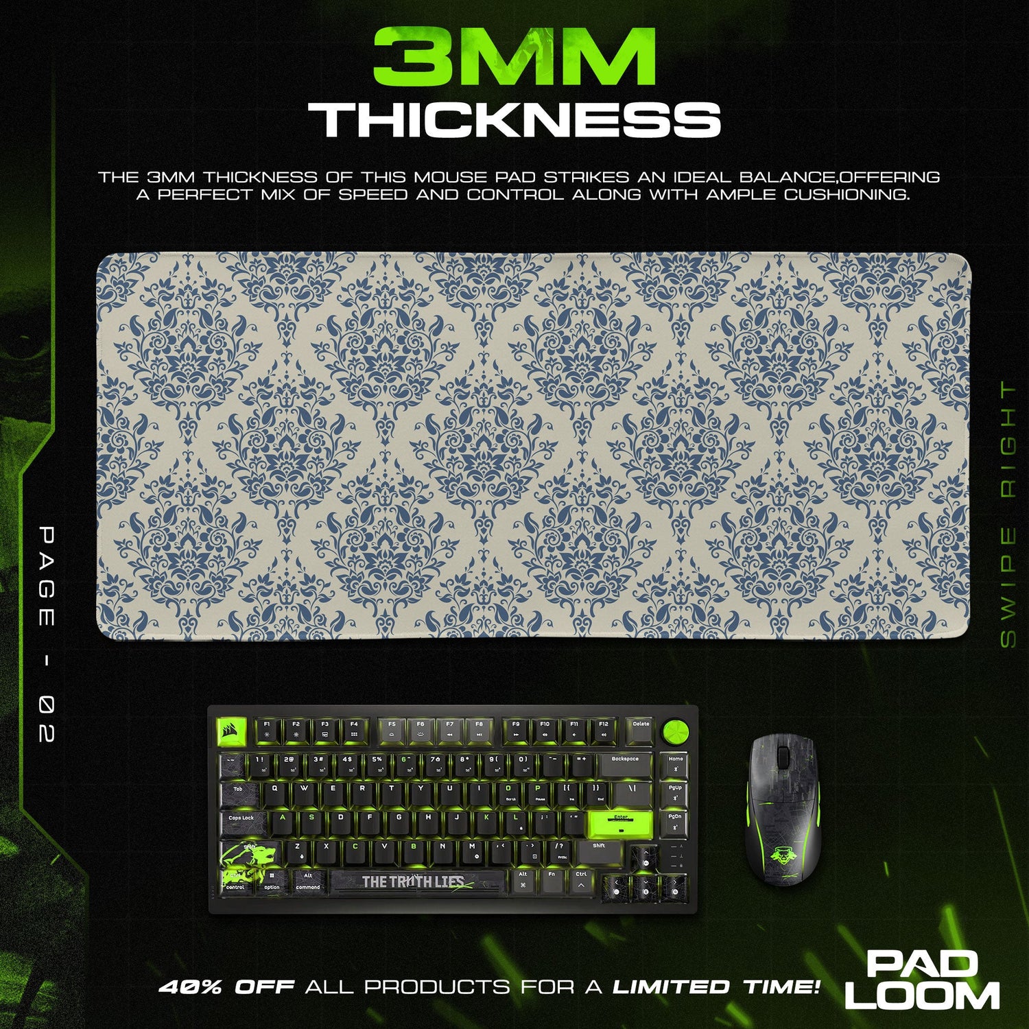 Blue Damask Mouse Pad, Classic Baroque Floral Gaming Desk Mat Padloom