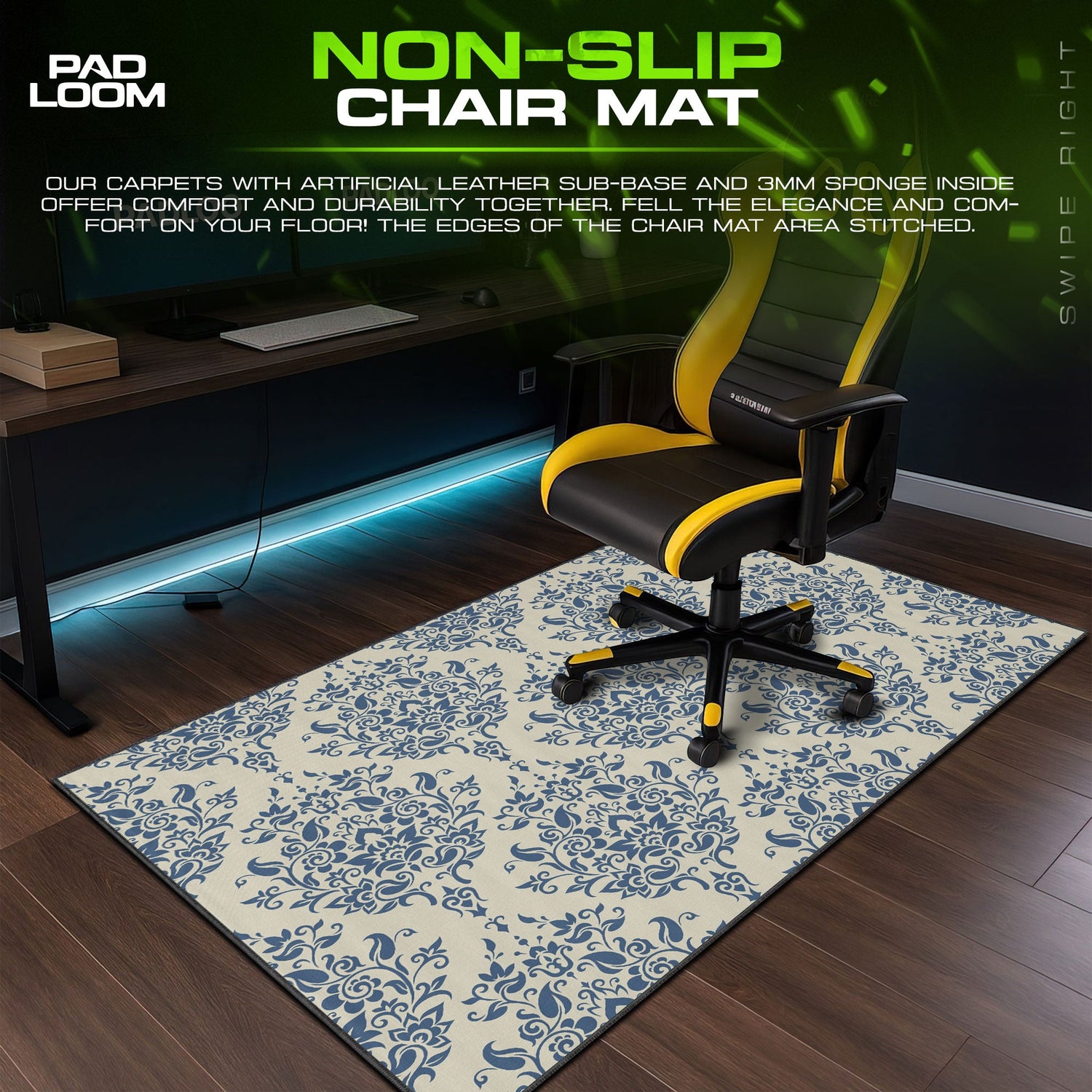 Blue Damask Mouse Pad, Classic Baroque Floral Gaming Desk Mat Padloom