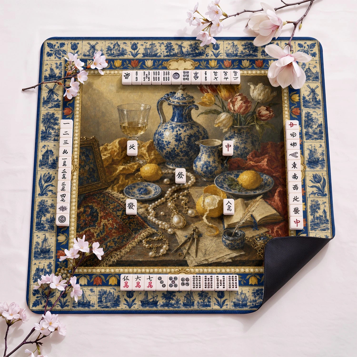 Blue Delft Mahjong Mat - Mah Jongg Table Mat