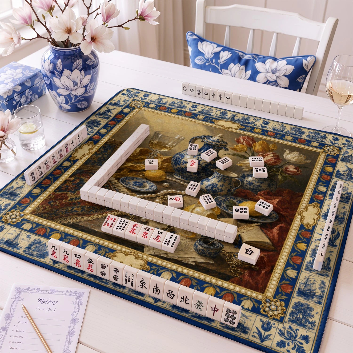 Blue Delft Mahjong Mat - Mah Jongg Table Mat