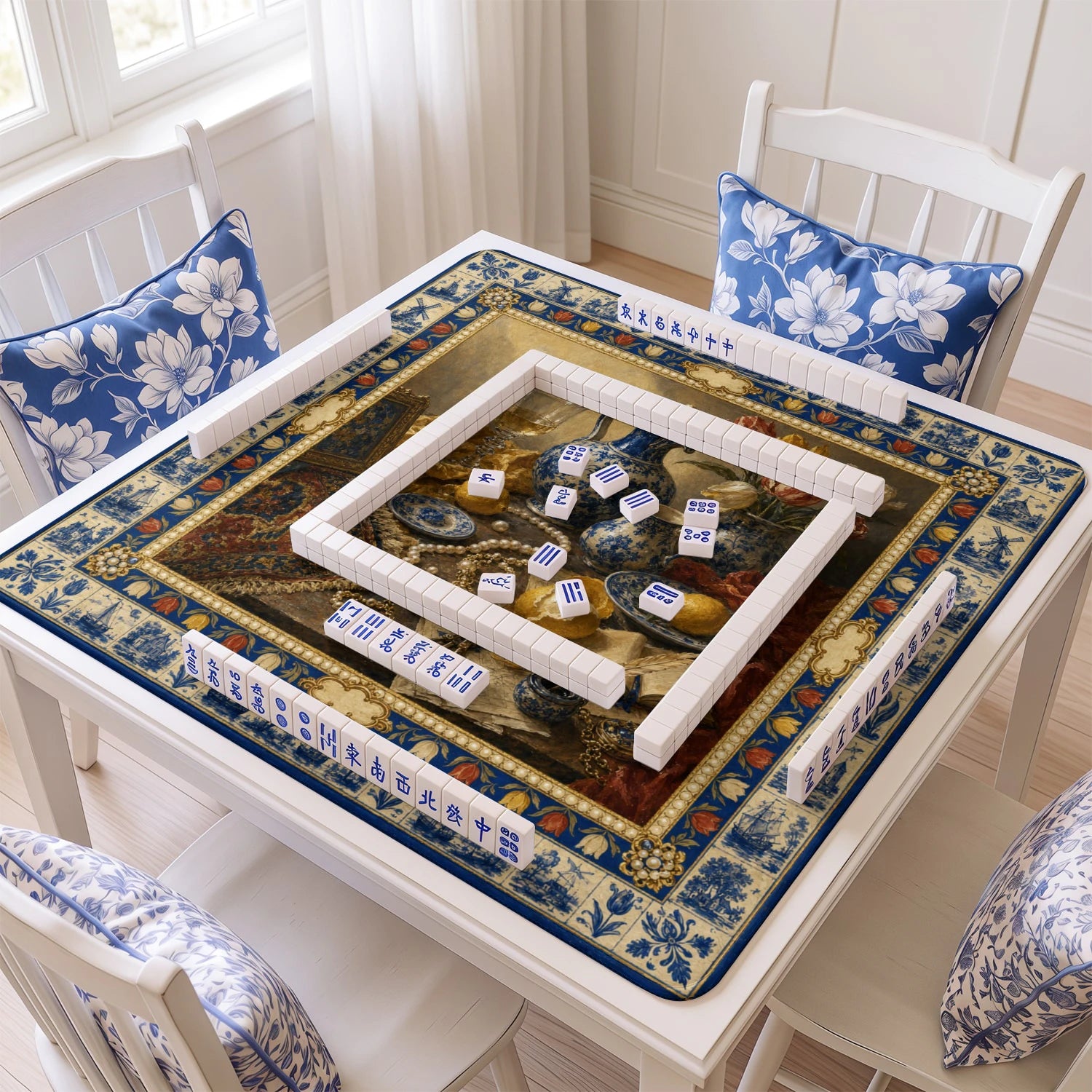 Blue Delft Mahjong Mat - Mah Jongg Table Mat