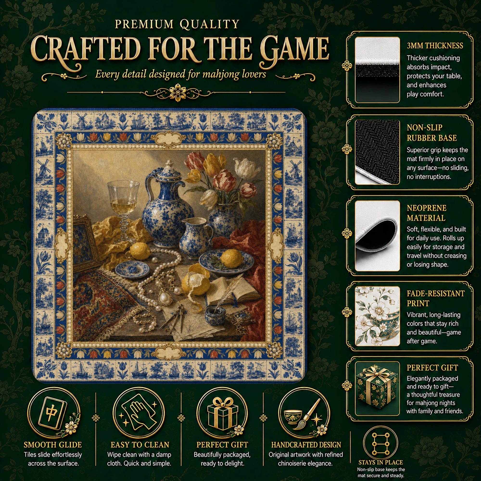 Blue Delft Mahjong Mat - Mah Jongg Table Mat