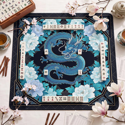 Blue Dragon Peony Mahjong Mat - Mah Jongg Mat