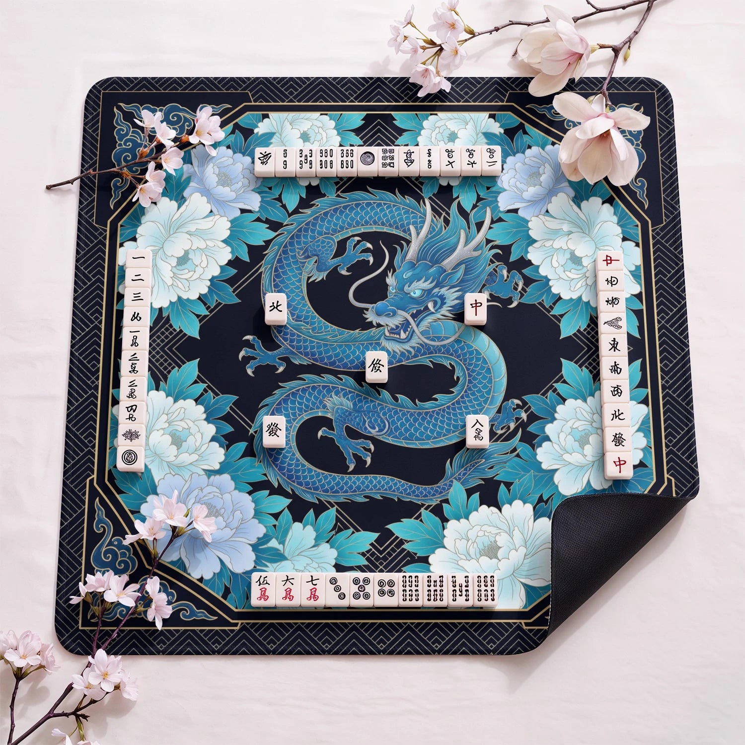 Blue Dragon Peony design close-up on mahjong mat surface