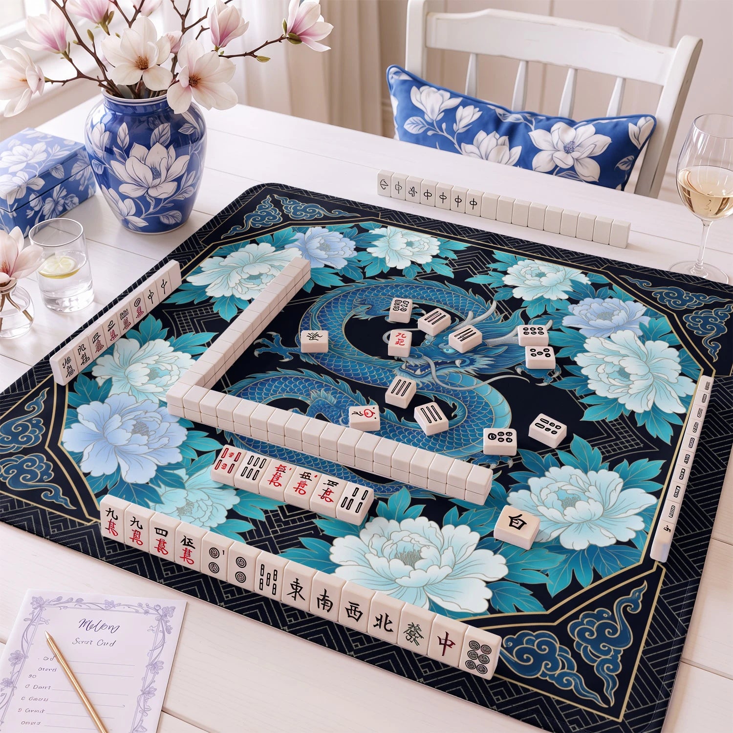 Blue Dragon Peony mahjong mat – M (60x60 cm) and L (81x81 cm) sizes
