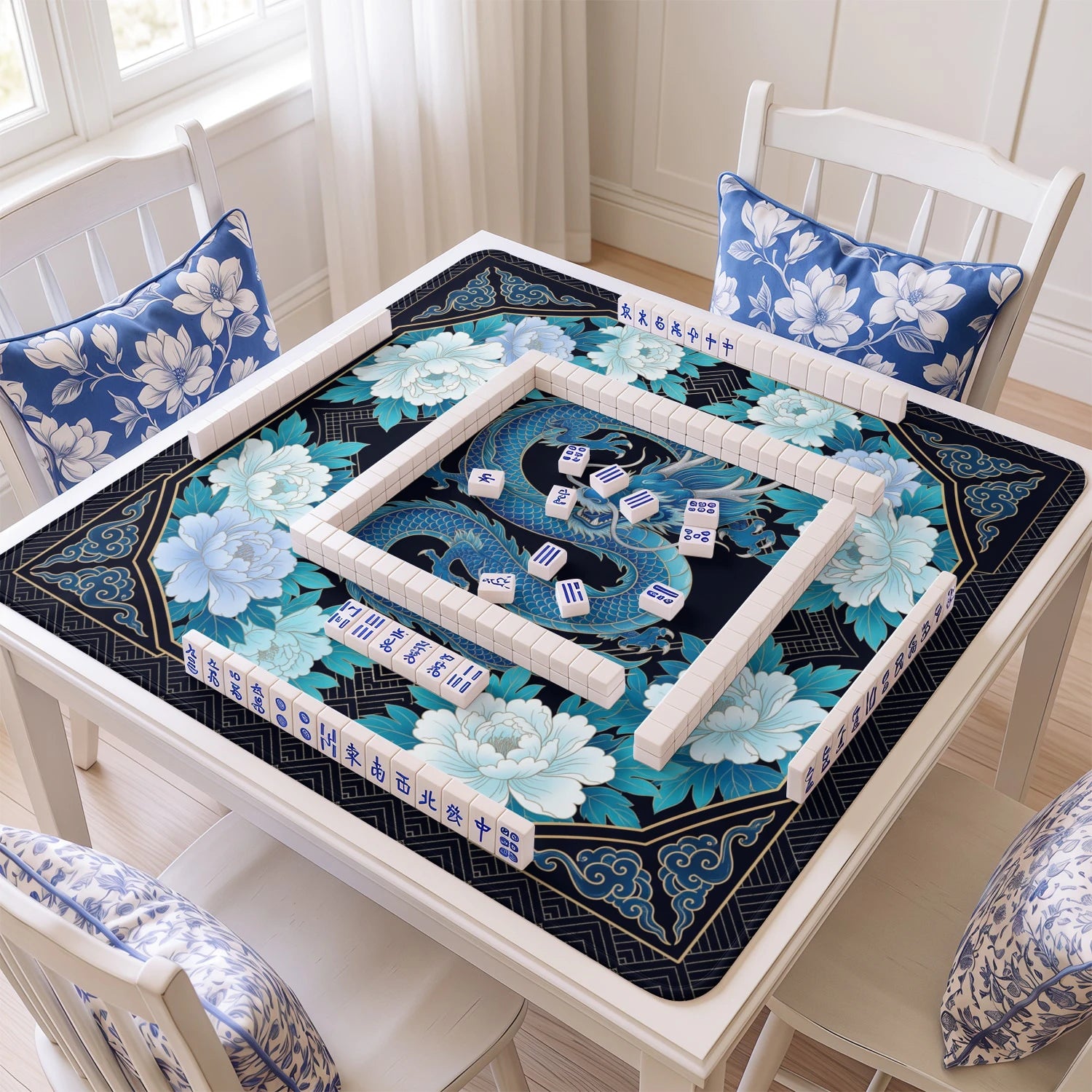 Blue Dragon Peony mahjong mat with tiles and racks on the table