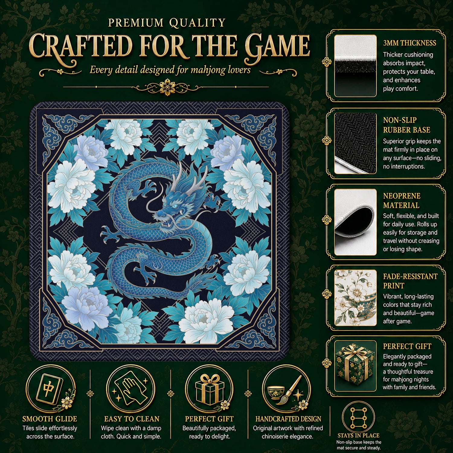 Blue Dragon Peony Mahjong Mat – neoprene mah jongg table mat