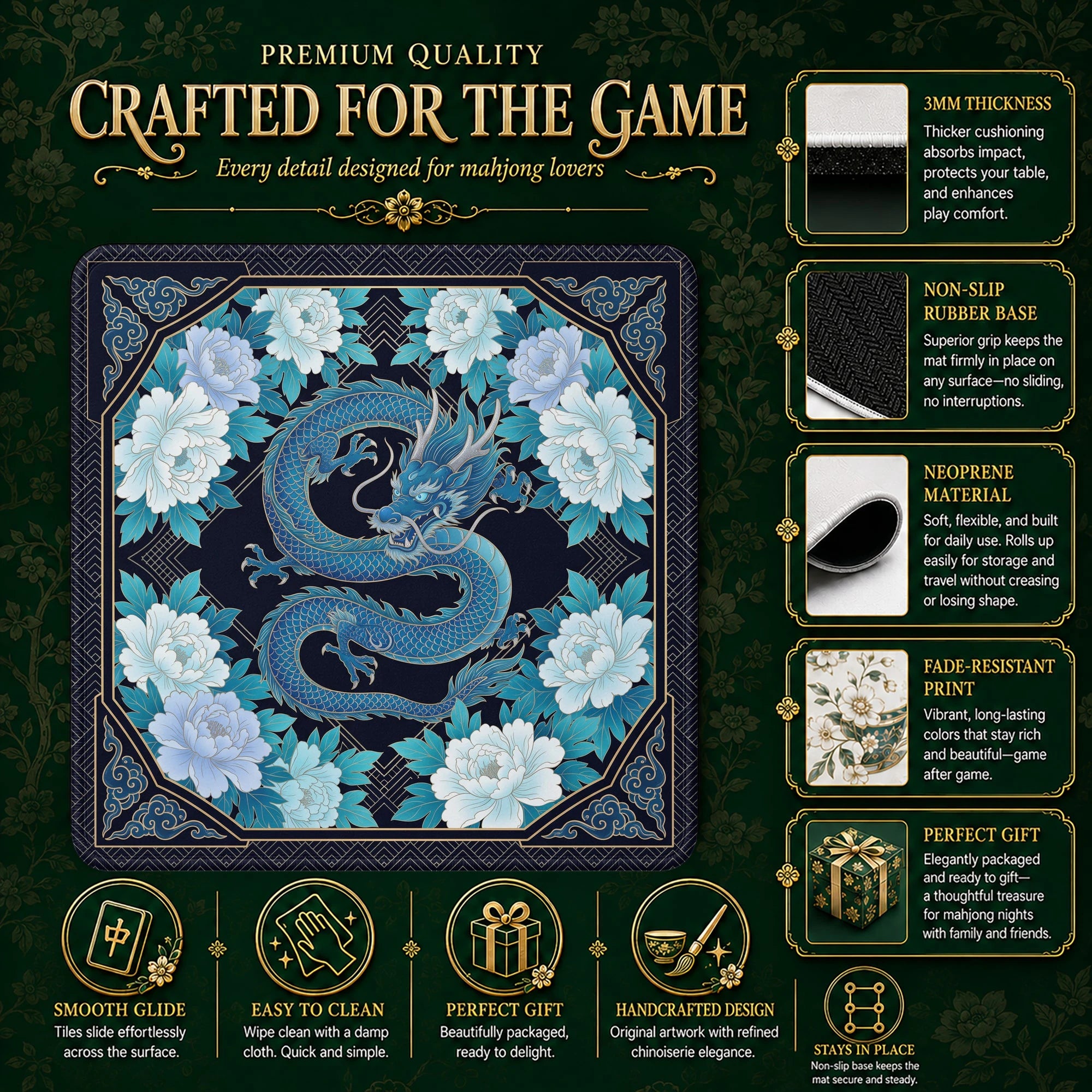Blue Dragon Peony Mahjong Mat – neoprene mah jongg table mat