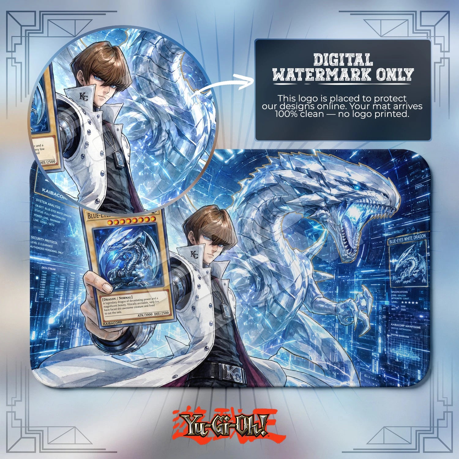 Blue-Eyes Cyber artwork close-up on Yugioh playmat