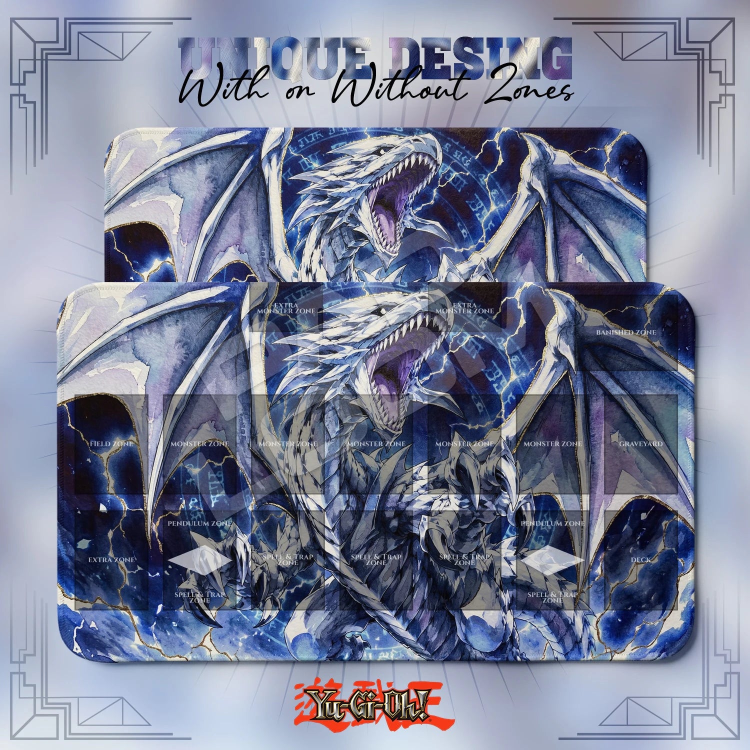 Blue-Eyes Storm Playmat – With Zones and Without Zones layouts compared