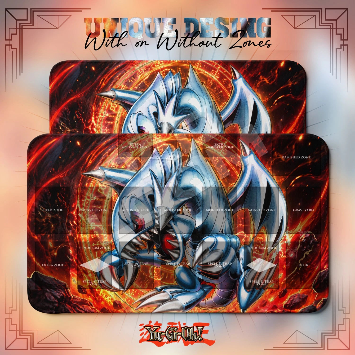 Blue-Eyes Toon Dragon Playmat – With Zones and Without Zones layouts compared