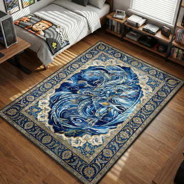 Blue-Eyes Ultimate Dragon roaring with three heads in royal watercolor art style area rug and floor mat