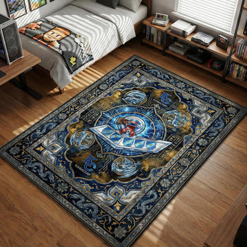 Blue-Eyes White Dragon circling a Duel Disk with KaibaCorp logos in royal tech art style area rug and floor mat