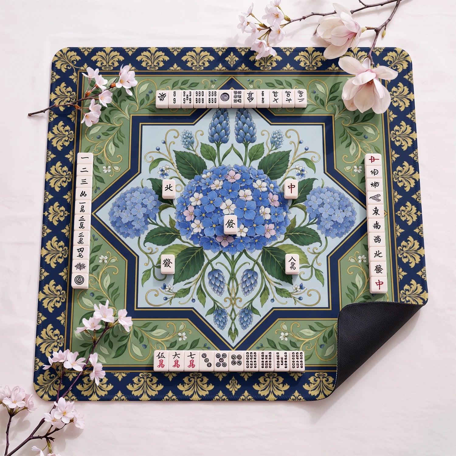 Blue Hydrangea design close-up on mahjong mat surface