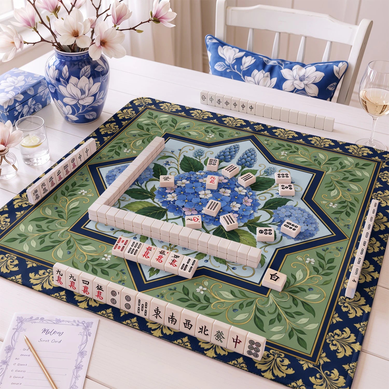 Blue Hydrangea mahjong mat – M (60x60 cm) and L (81x81 cm) sizes