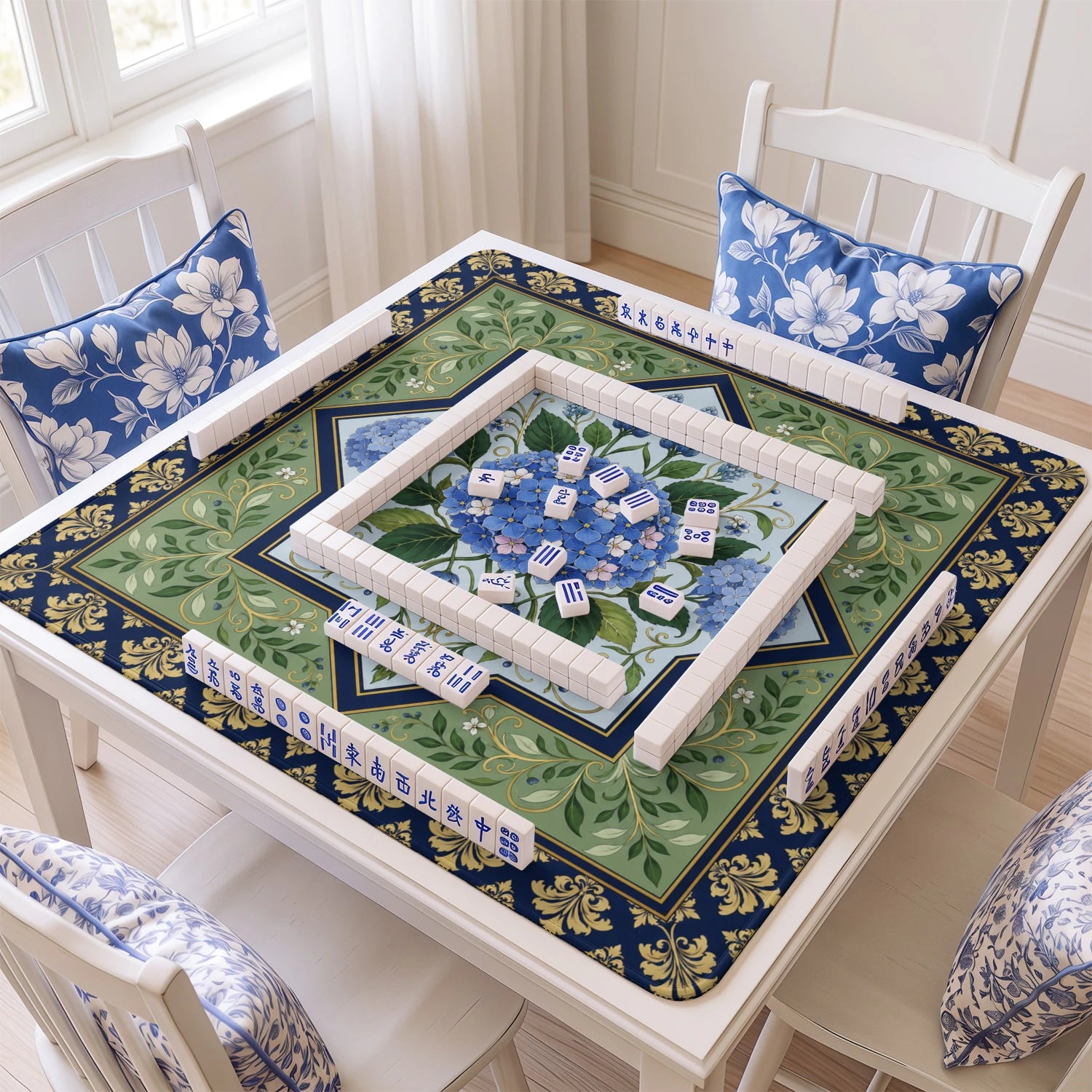 Blue Hydrangea Mahjong Mat – neoprene mah jongg table mat