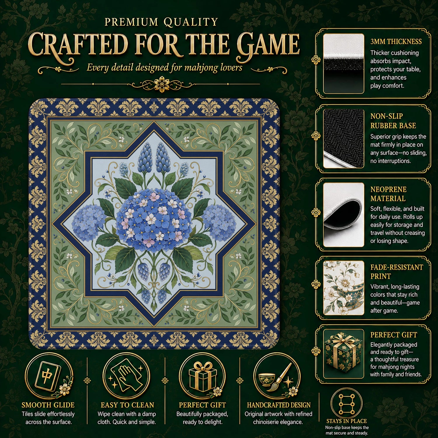 Blue Hydrangea mahjong mat – M (60x60 cm) and L (81x81 cm) sizes