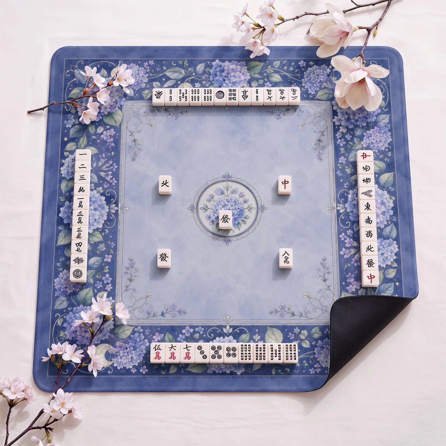 Blue Hydrangea Mahjong Mat - Mah Jongg Table Mat