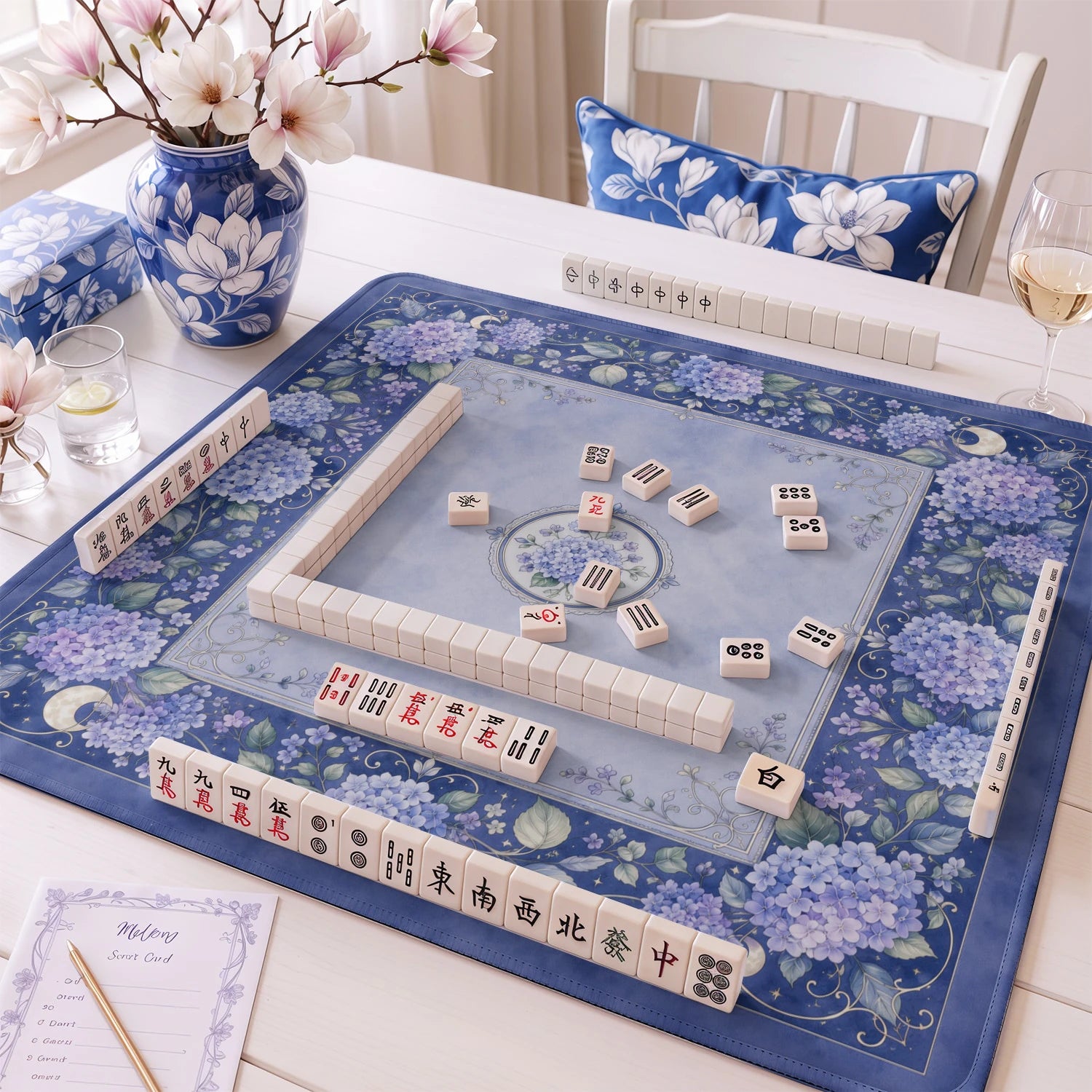 Blue Hydrangea Mahjong Mat - Mah Jongg Table Mat
