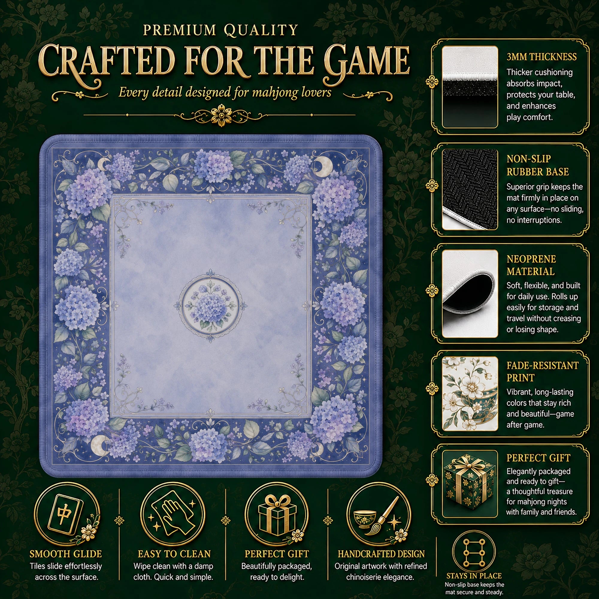 Blue Hydrangea Mahjong Mat - Mah Jongg Table Mat