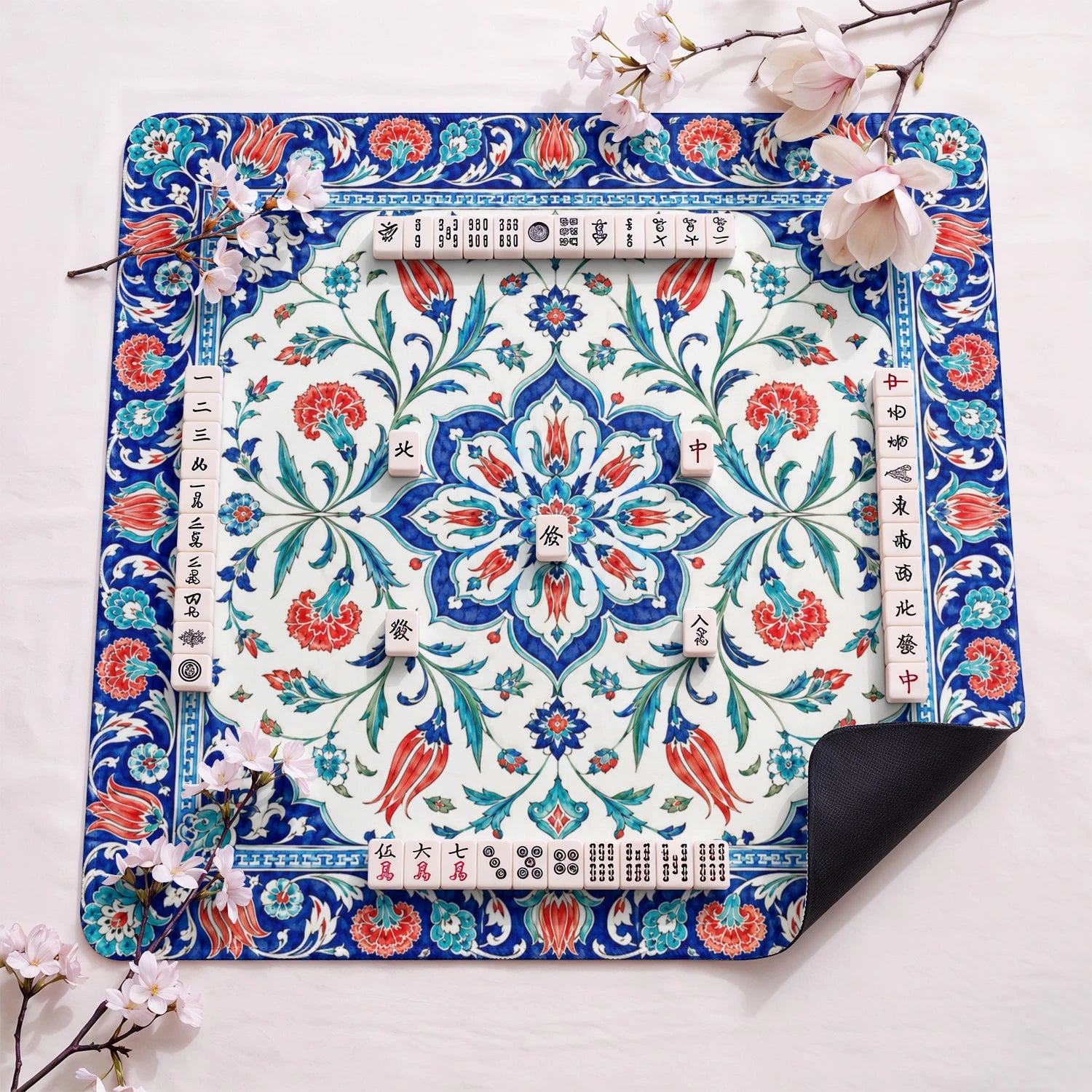 Blue Iznik Tile design close-up on mahjong mat surface