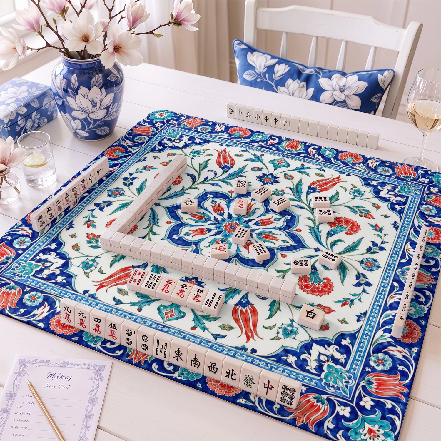 Blue Iznik Tile mahjong mat – M (60x60 cm) and L (81x81 cm) sizes