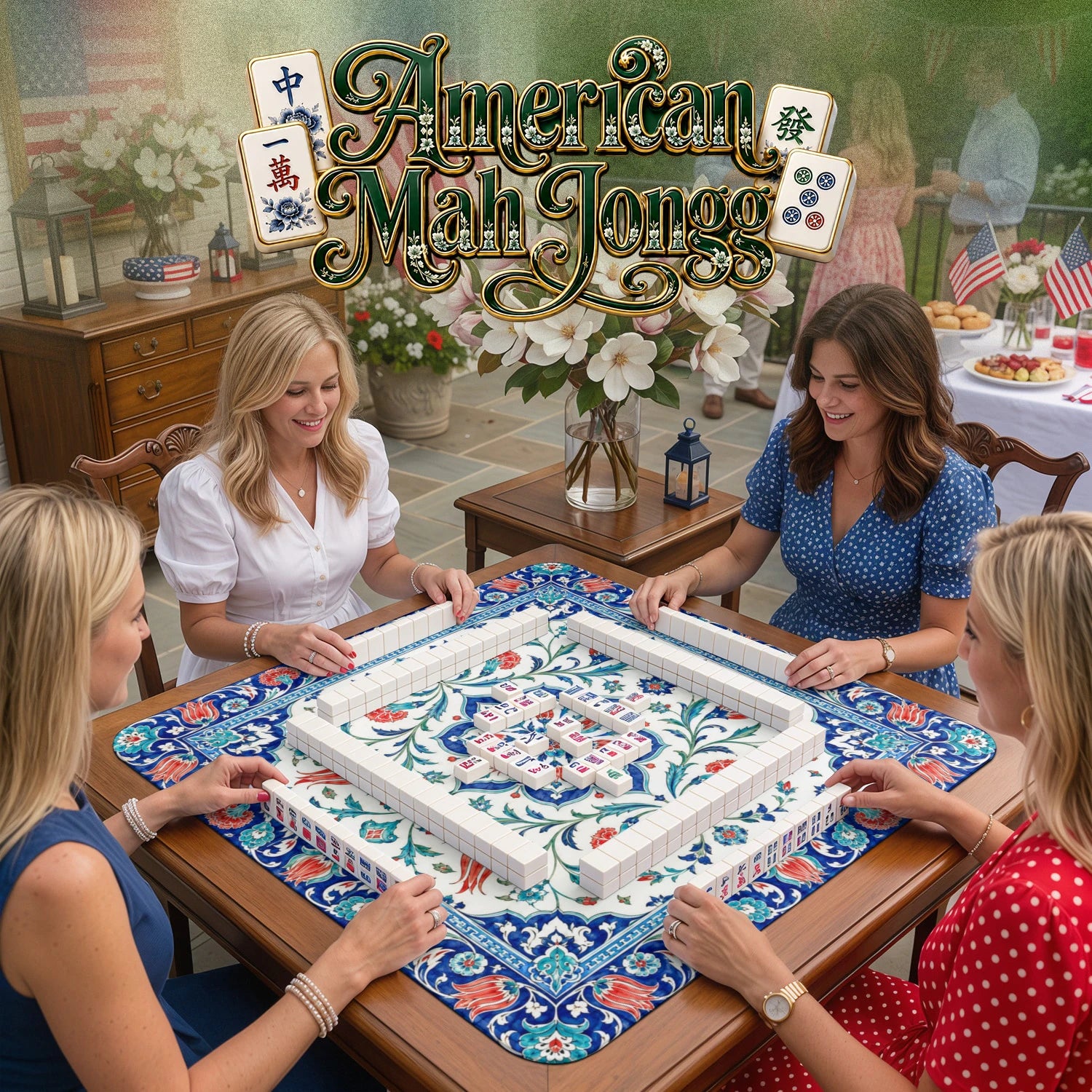 Blue Iznik Tile – non-slip mahjong table mat detail