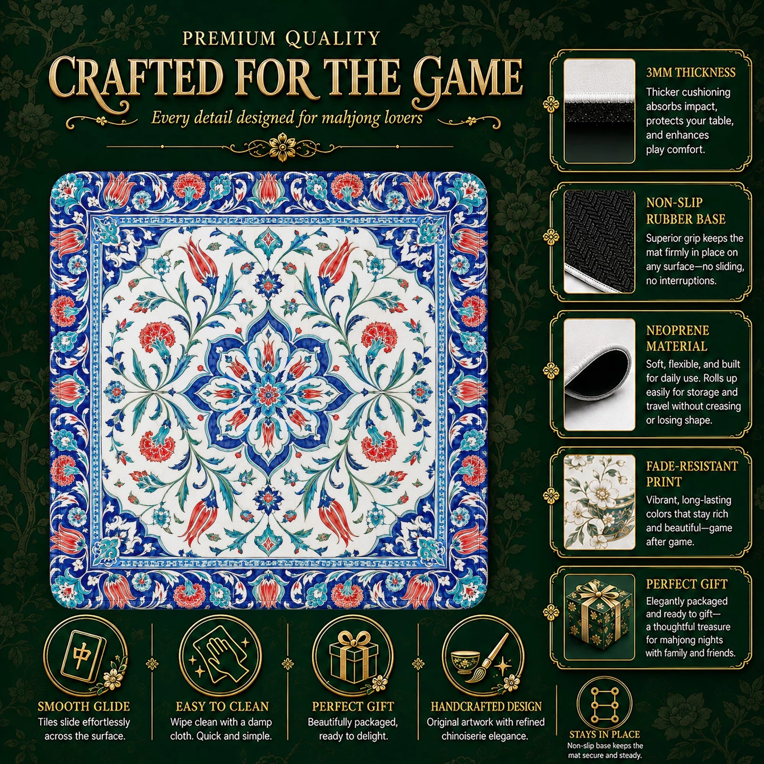 Blue Iznik Tile Mahjong Mat – neoprene mah jongg table mat