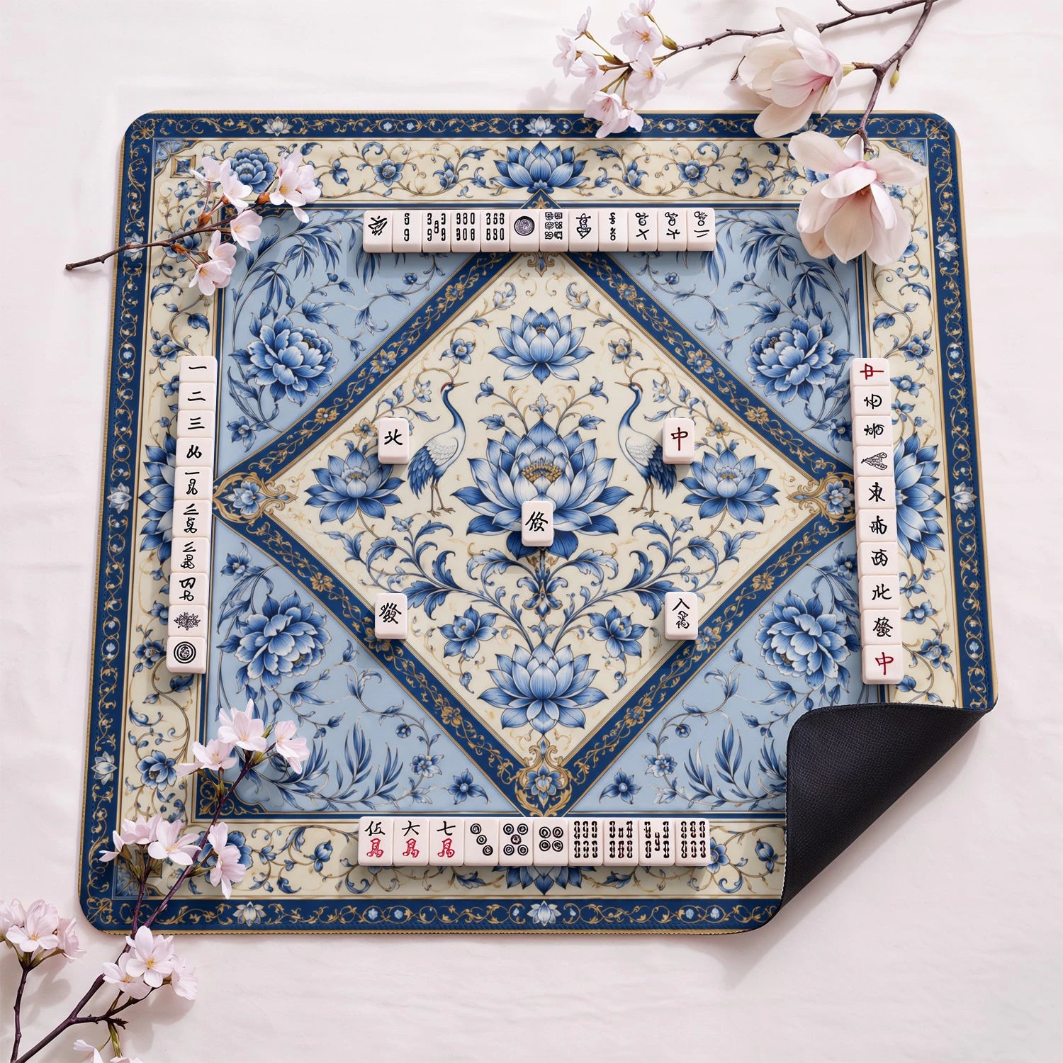 Blue Lotus Crane design close-up on mahjong mat surface
