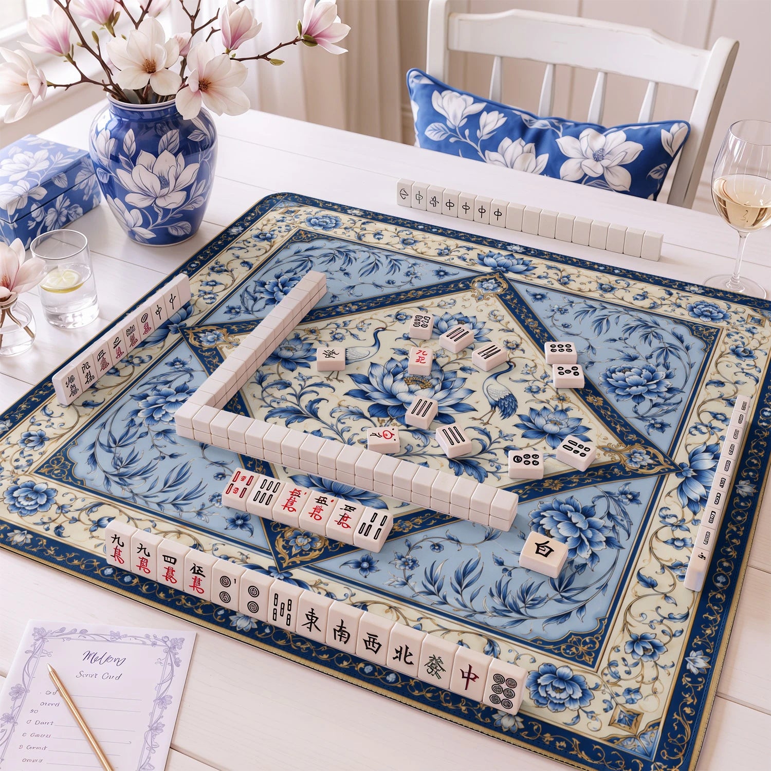 Blue Lotus Crane mahjong mat – M (60x60 cm) and L (81x81 cm) sizes