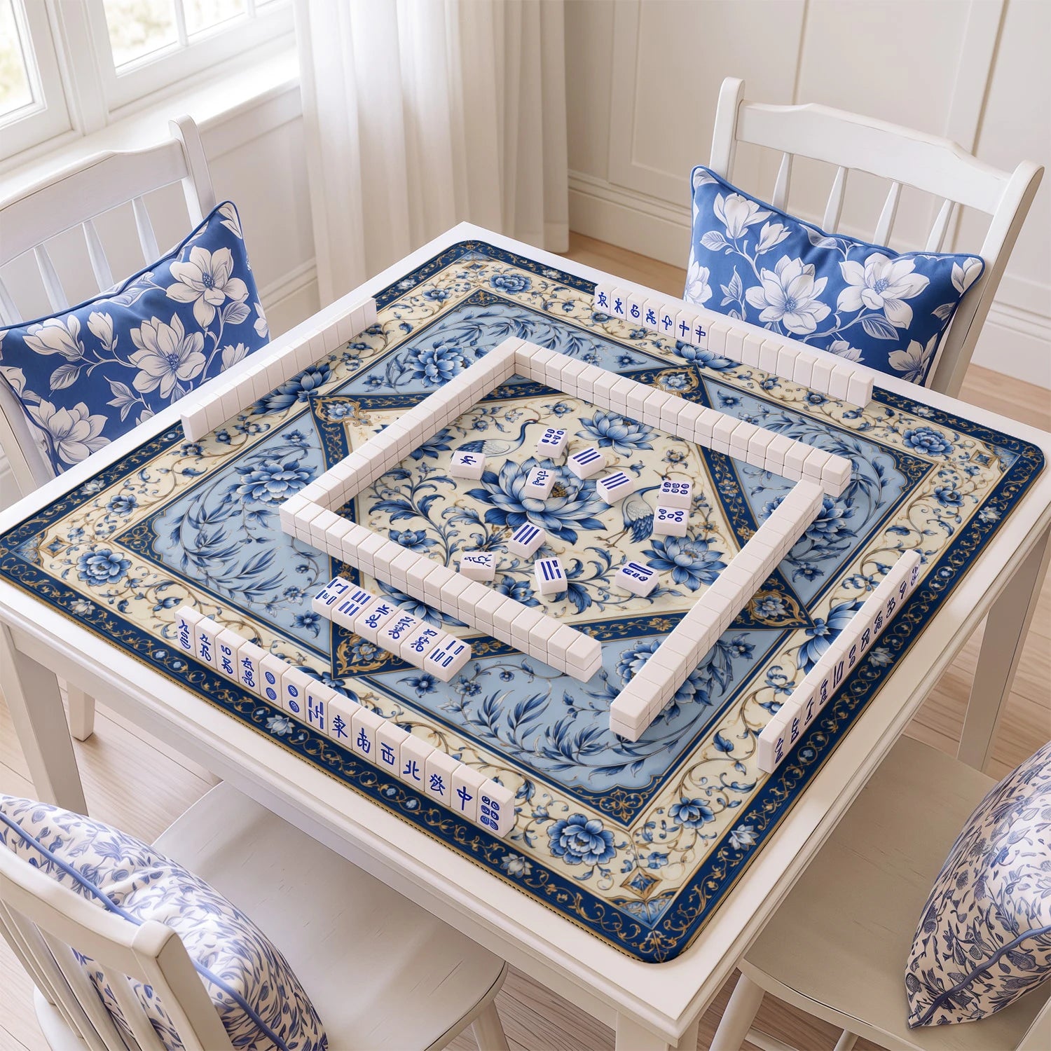 Blue Lotus Crane mahjong mat with tiles and racks on the table