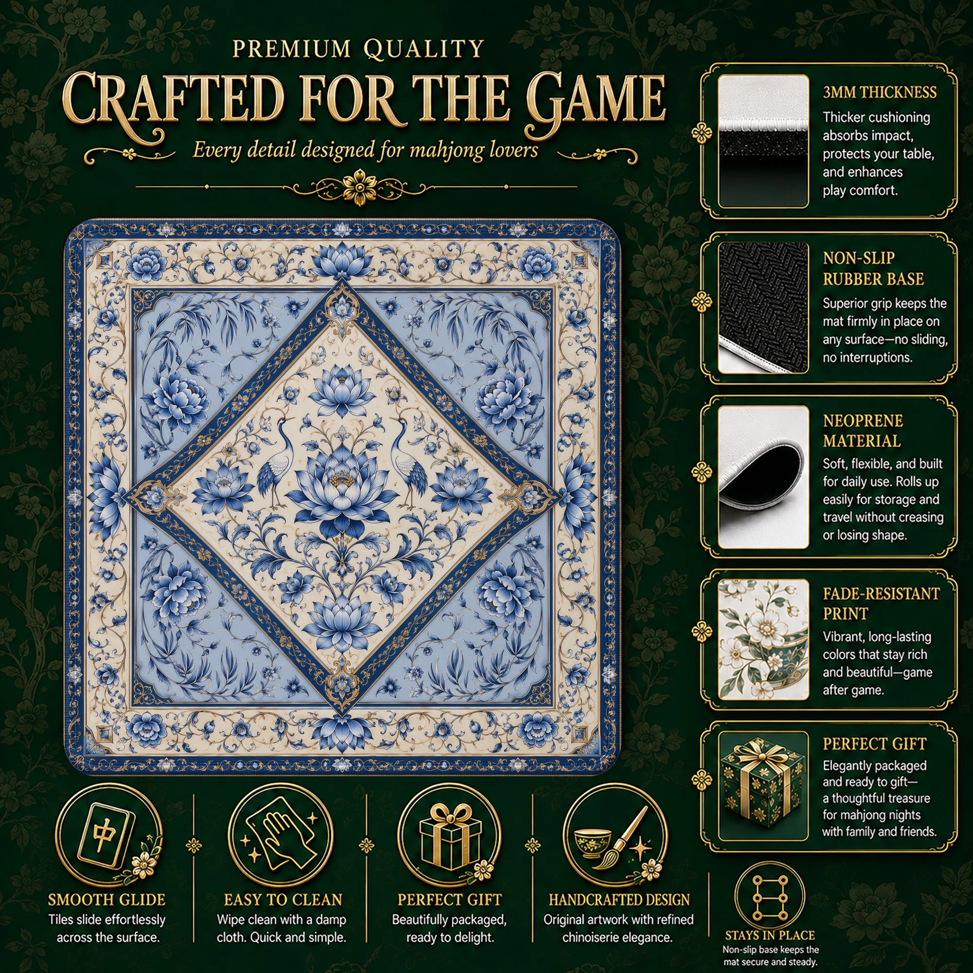 Blue Lotus Crane Mahjong Mat – neoprene mah jongg table mat