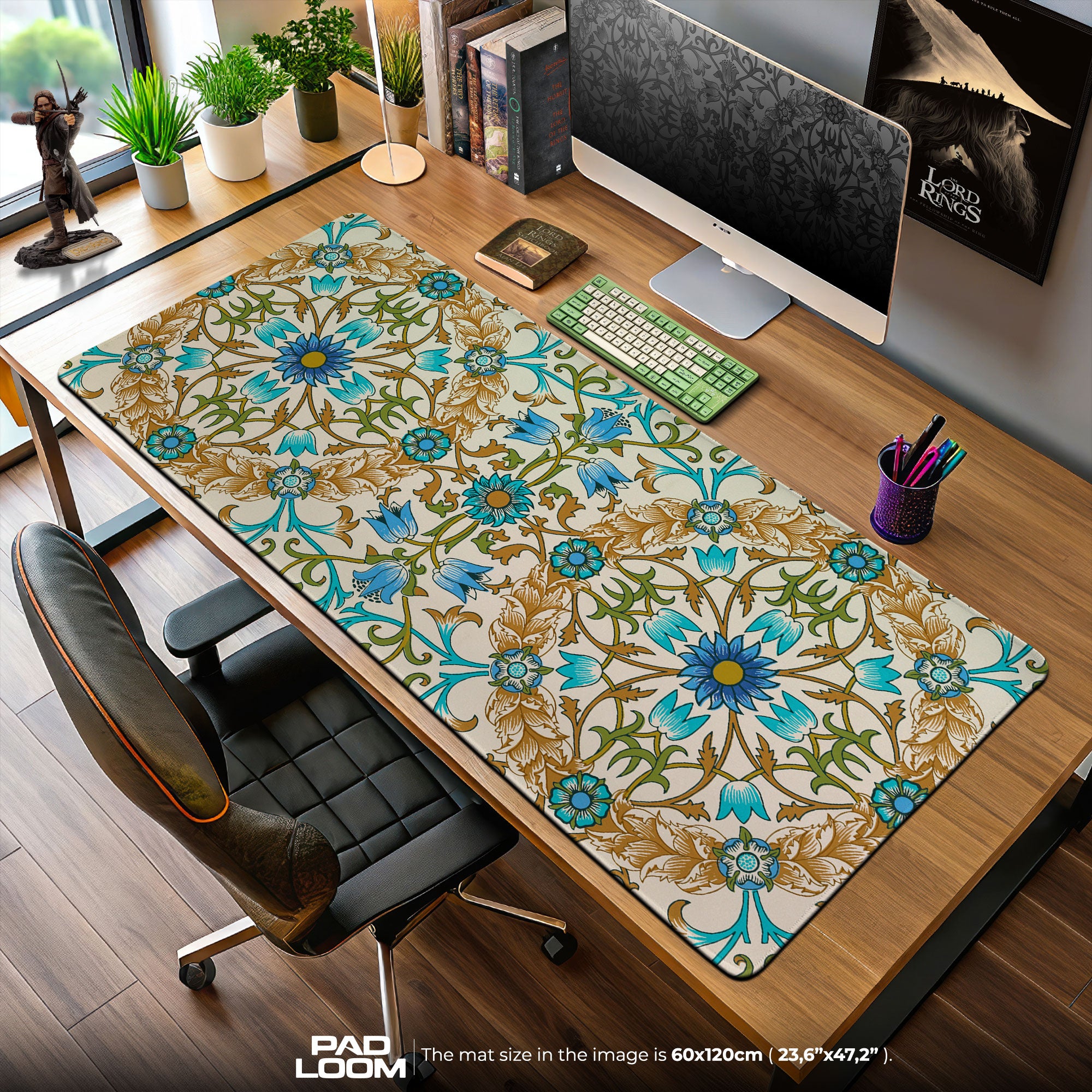 Blue Lotus Emblem Mouse Pad, Ornate Floral Gaming Desk Mat