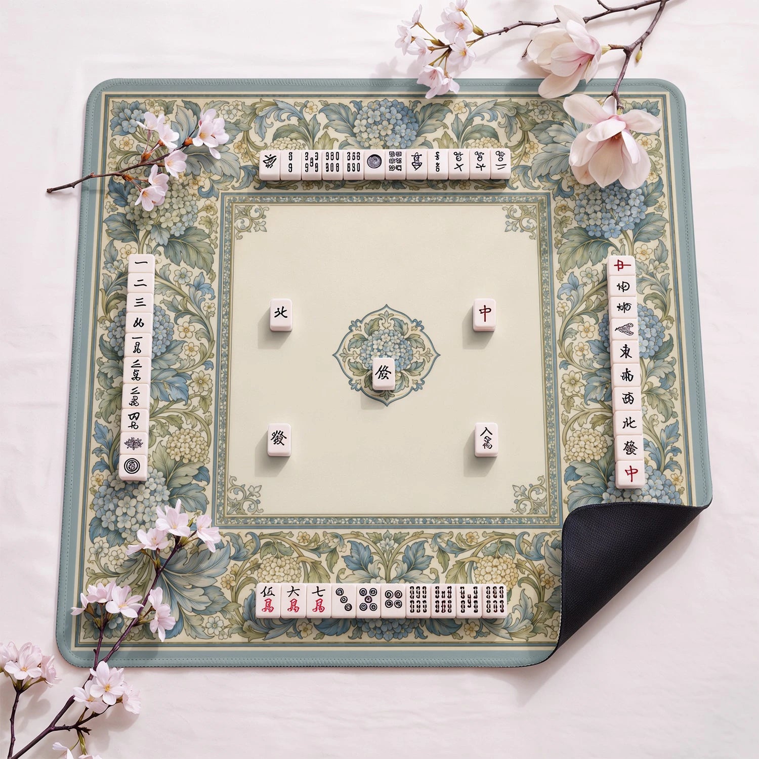 Blue Morris Hydrangea Mahjong Mat - Mah Jongg Mat