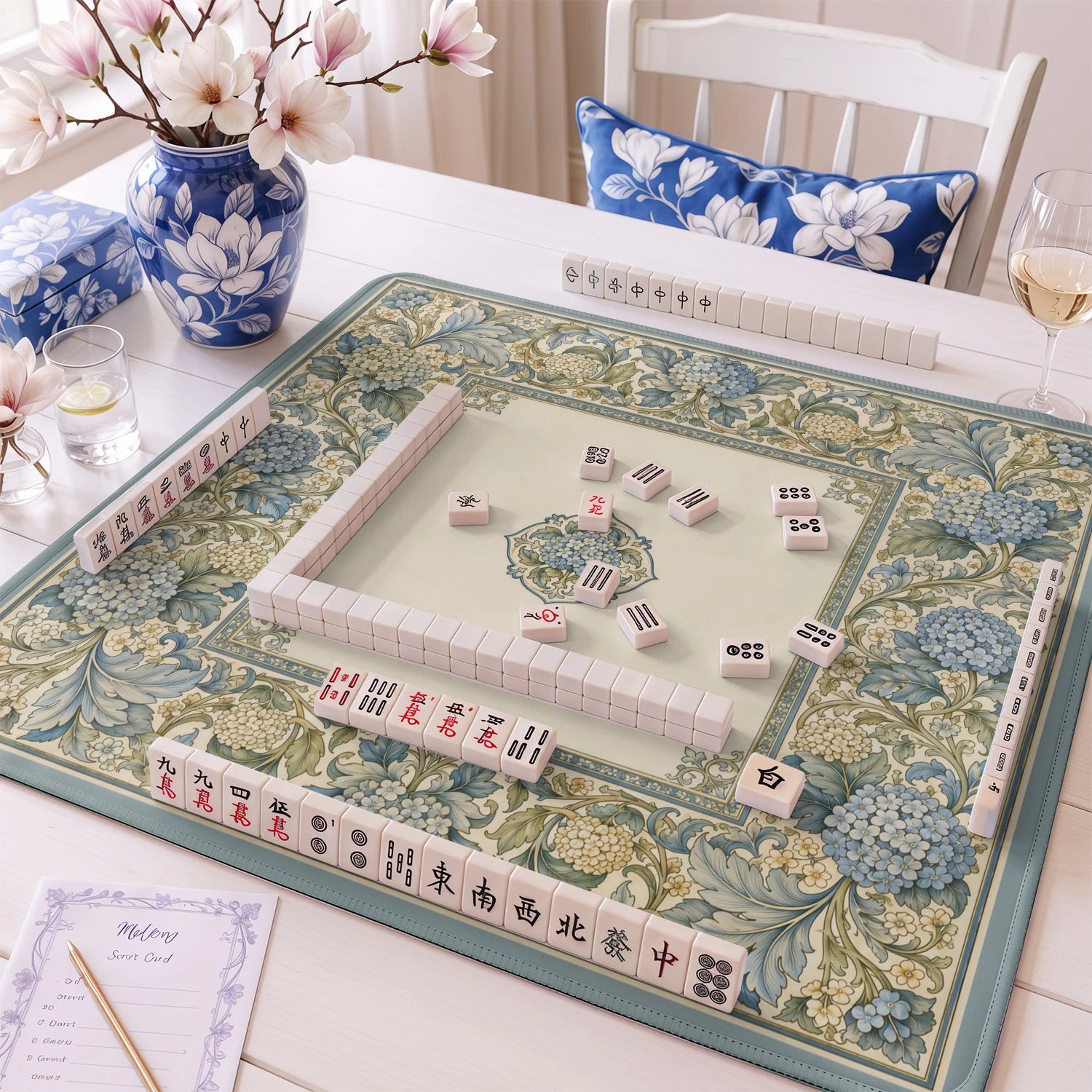 Blue Morris Hydrangea Mahjong Mat - Mah Jongg Mat