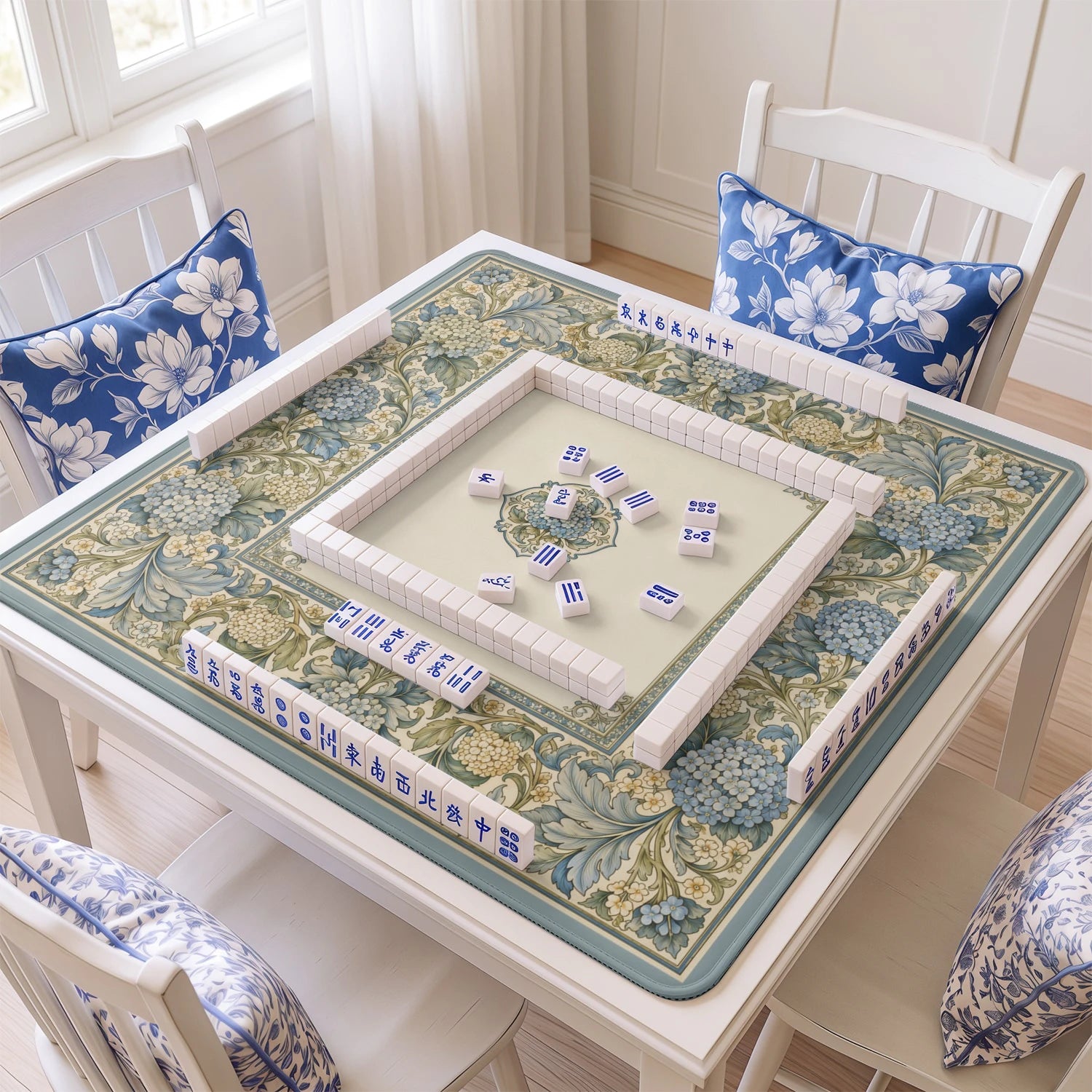 Blue Morris Hydrangea Mahjong Mat - Mah Jongg Mat
