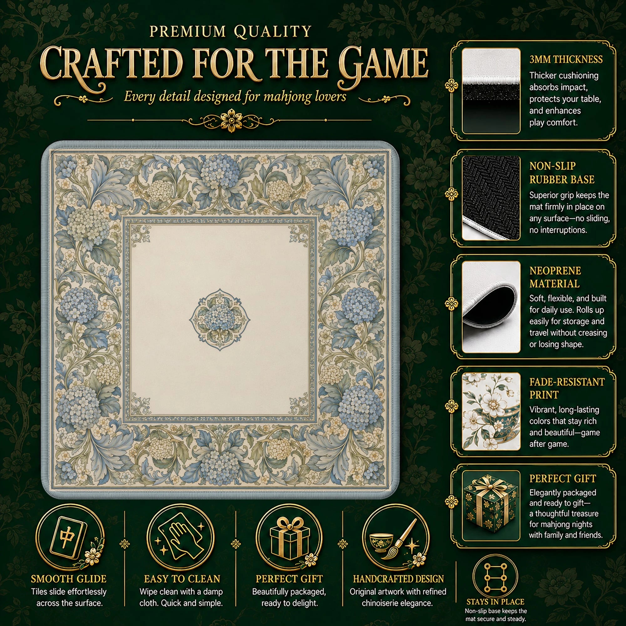 Blue Morris Hydrangea Mahjong Mat - Mah Jongg Mat