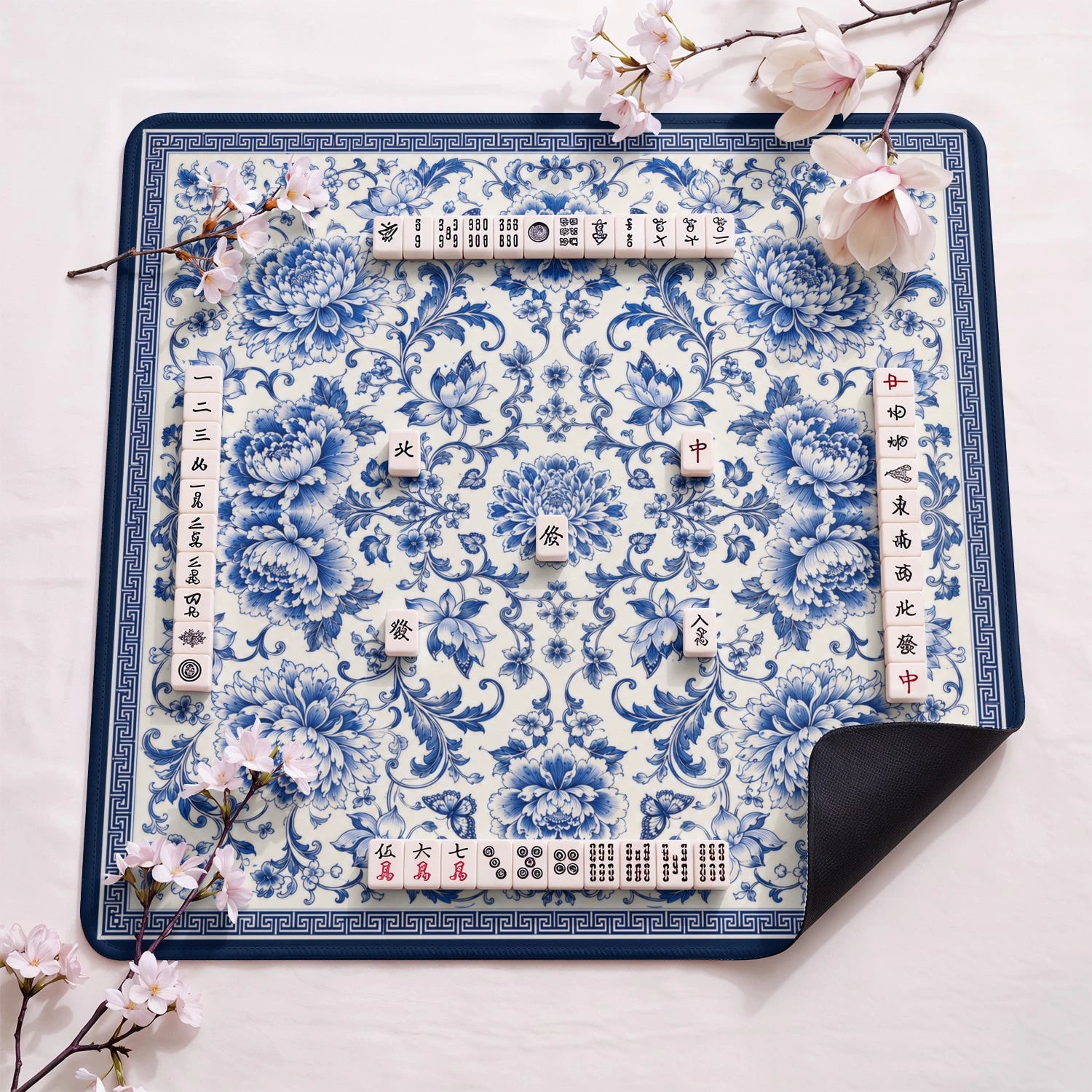 Blue Peony Chinoiserie Mahjong Mat - Mah Jongg Mat