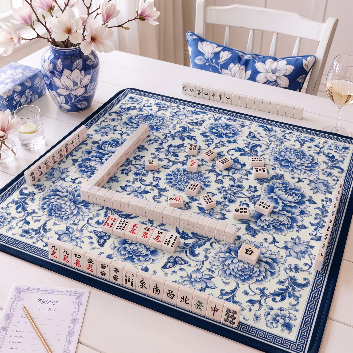 Blue Peony Chinoiserie Mahjong Mat - Mah Jongg Mat
