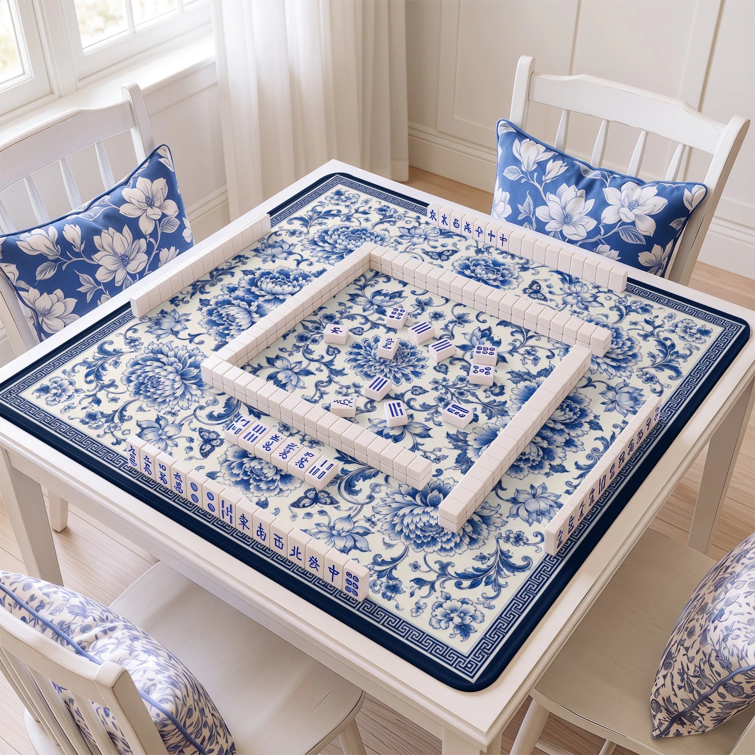 Blue Peony Chinoiserie Mahjong Mat - Mah Jongg Mat