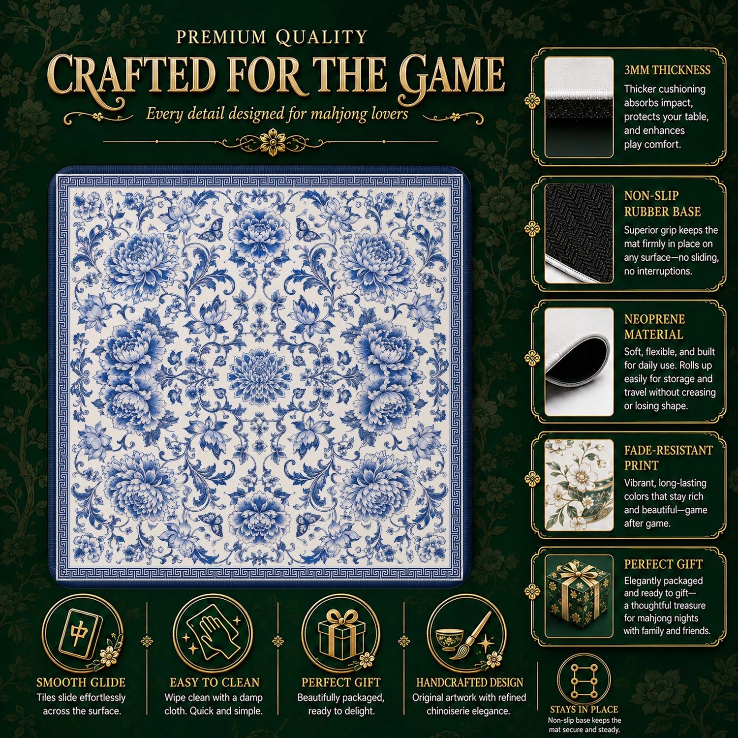 Blue Peony Chinoiserie Mahjong Mat - Mah Jongg Mat