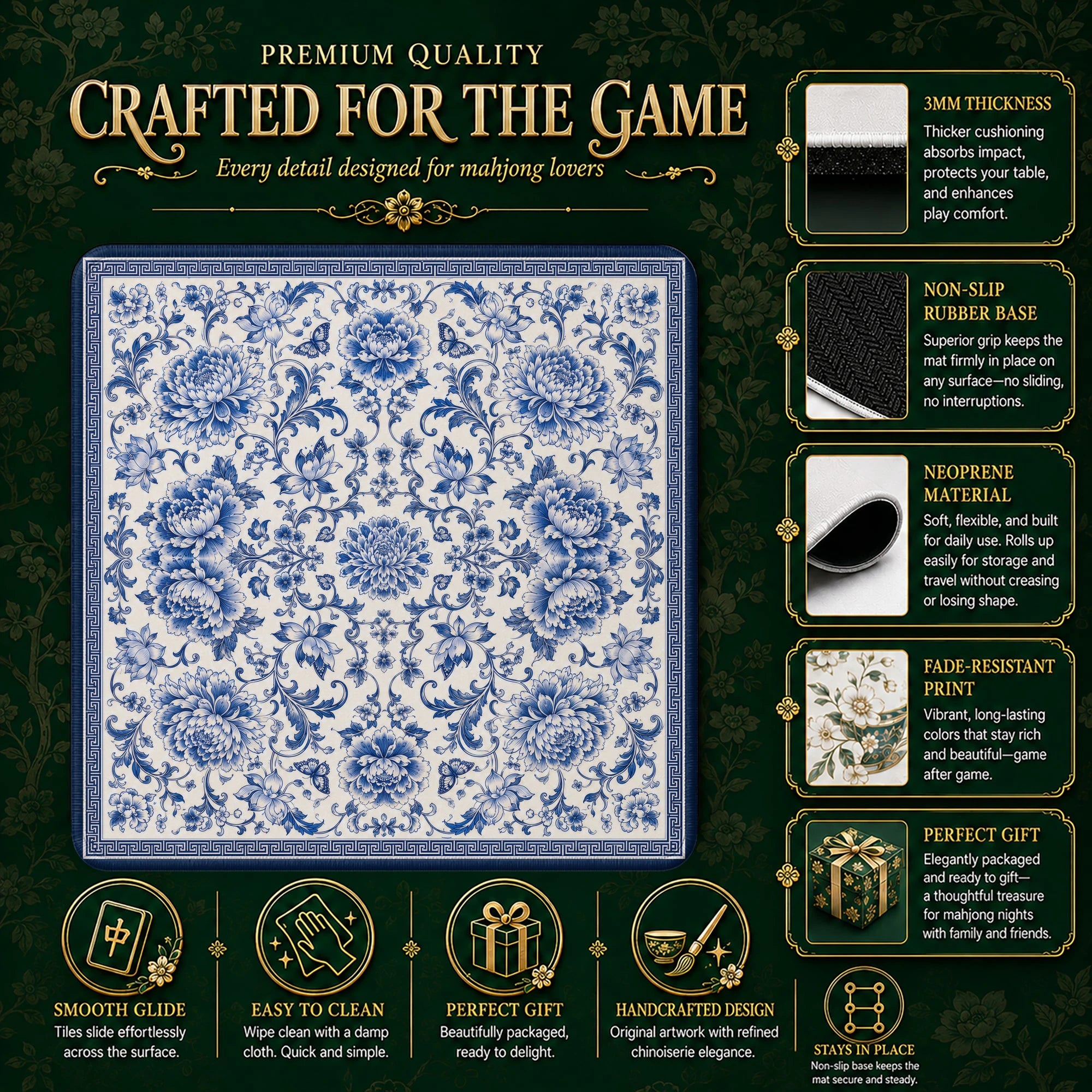 Blue Peony Chinoiserie Mahjong Mat - Mah Jongg Mat