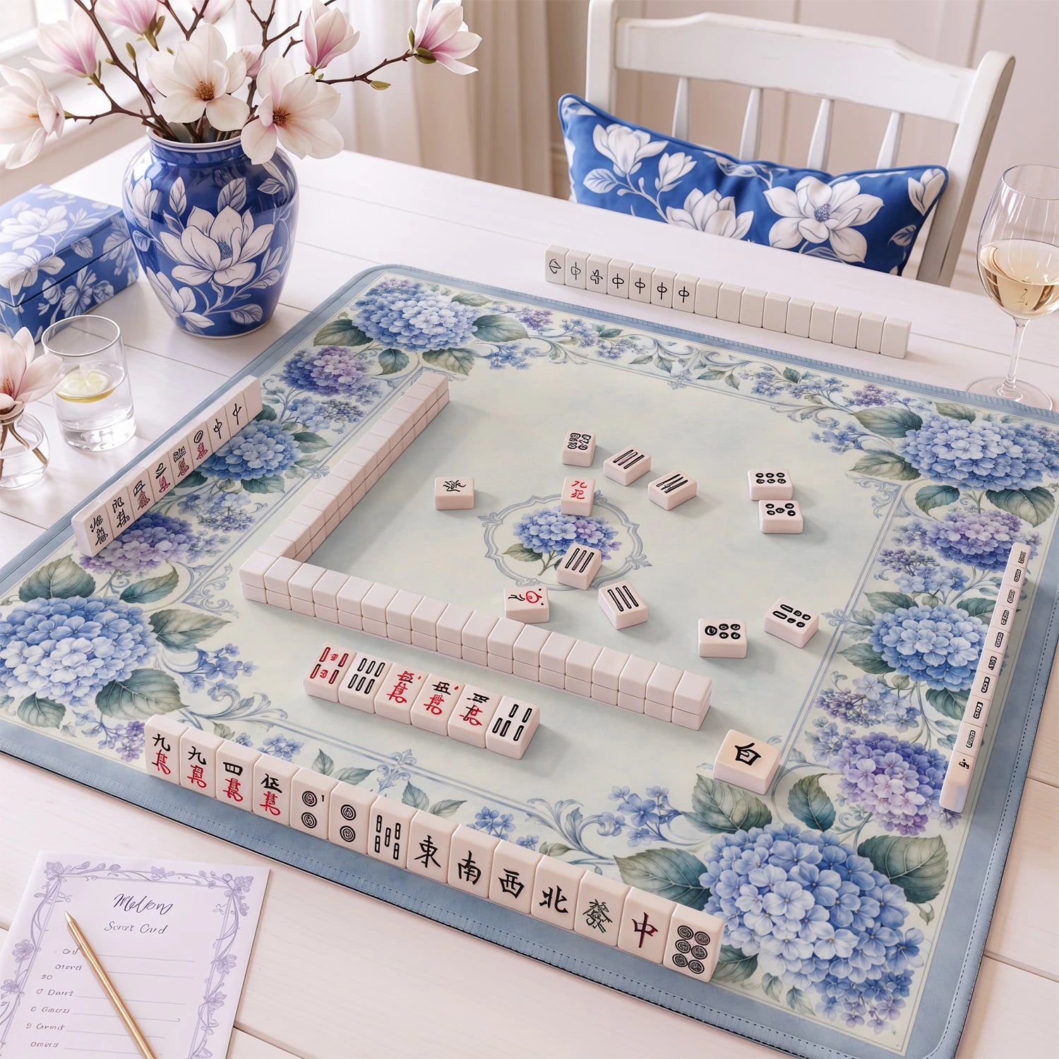 Blue Porcelain Hydrangea Mahjong Mat - Mahjong