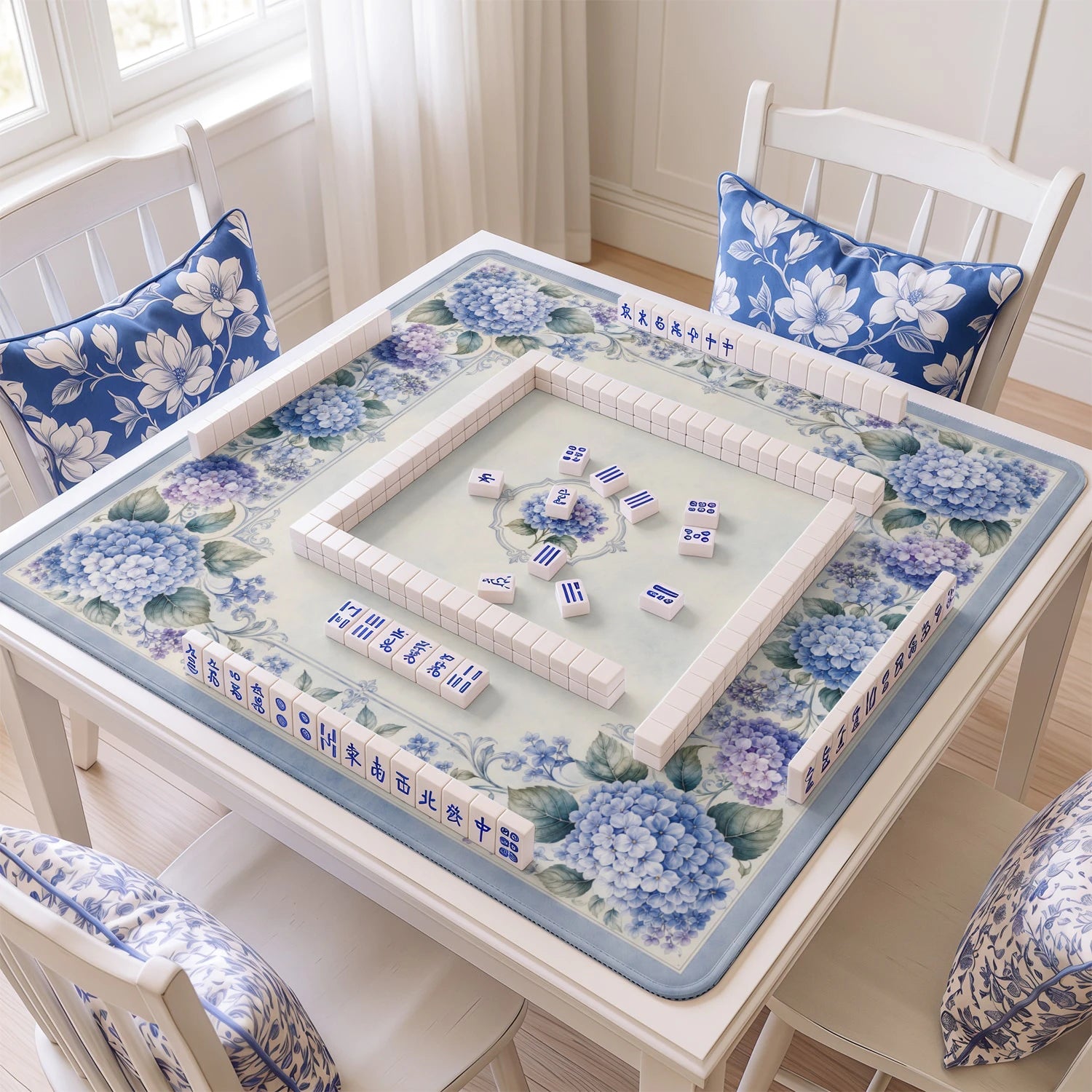Blue Porcelain Hydrangea Mahjong Mat - Mahjong