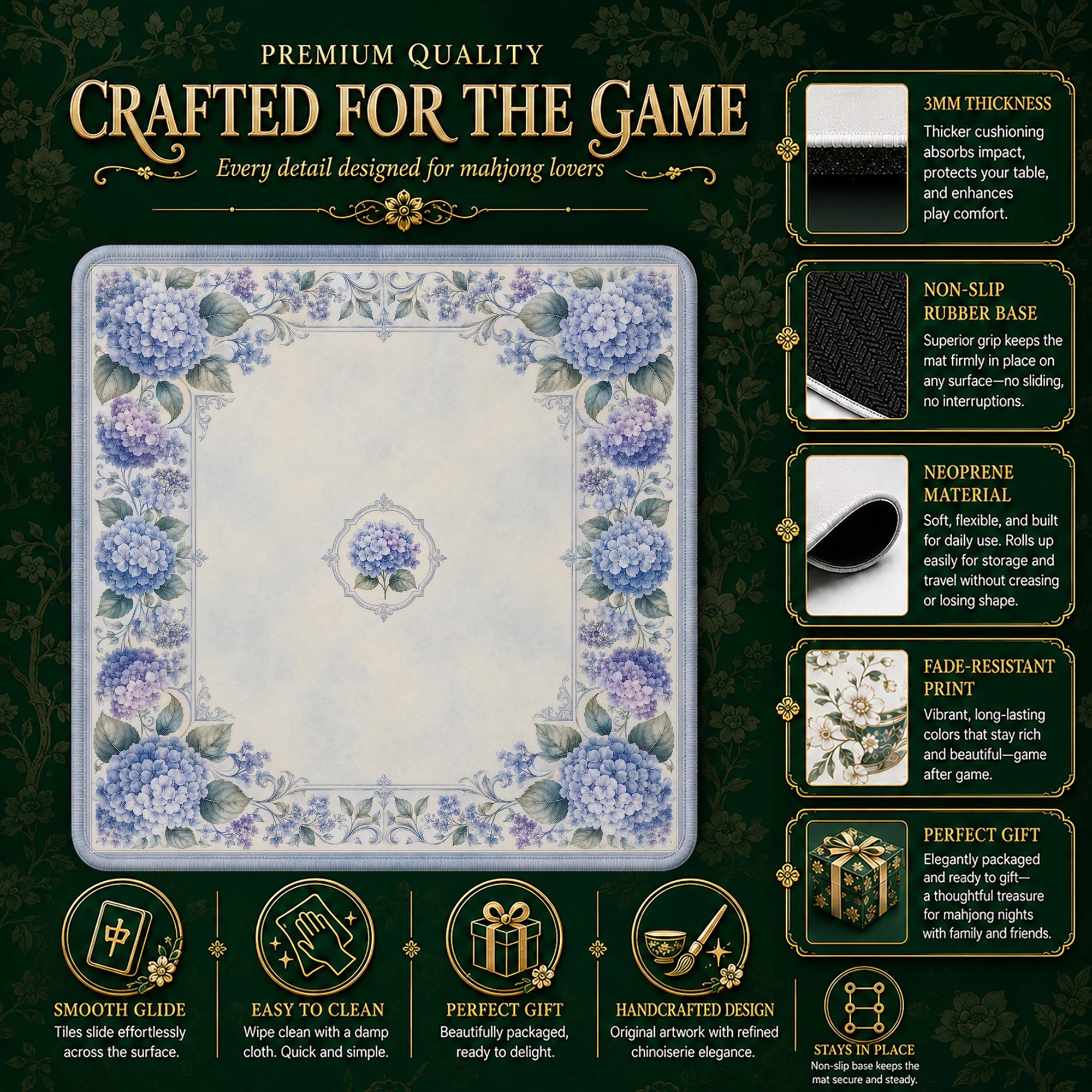 Blue Porcelain Hydrangea Mahjong Mat - Mahjong