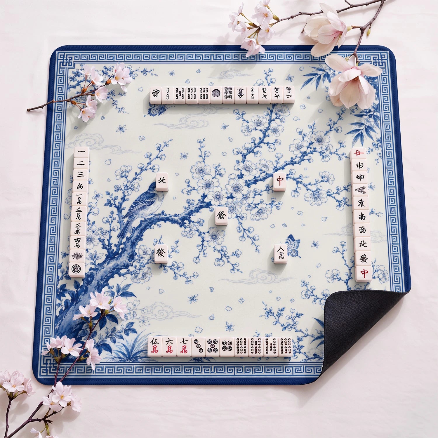 Blue Songbird Chinoiserie Mahjong Mat - Mah Jongg Mat